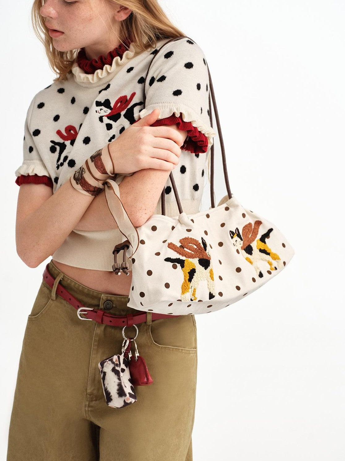 OuttheBlue Square Cat Embroidered Suede Baguette Women&