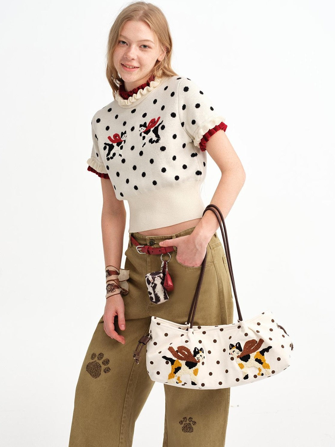 OuttheBlue Square Cat Embroidered Suede Baguette Women&