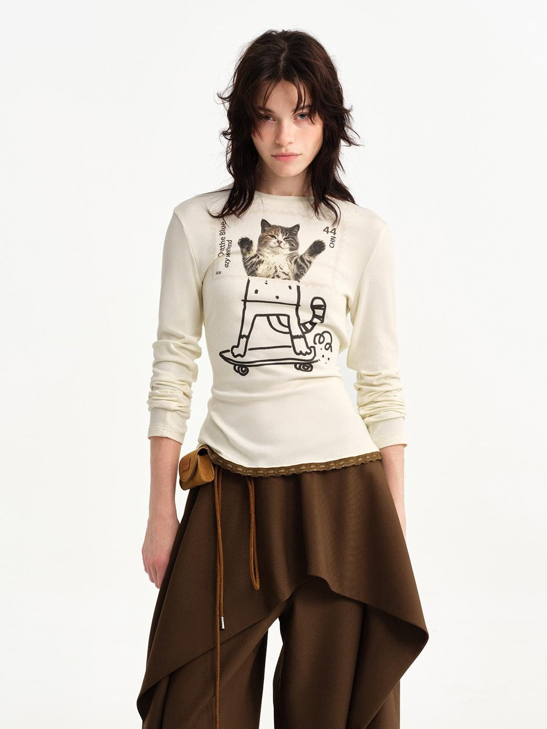 OuttheBlue Stamp Cat Print Contrast Lace Women&
