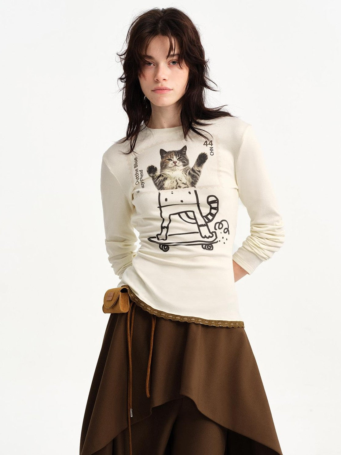 OuttheBlue Stamp Cat Print Contrast Lace Women&