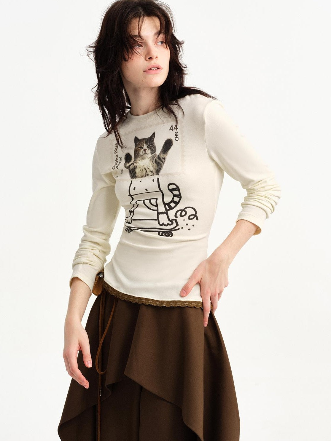 OuttheBlue Stamp Cat Print Contrast Lace Women&