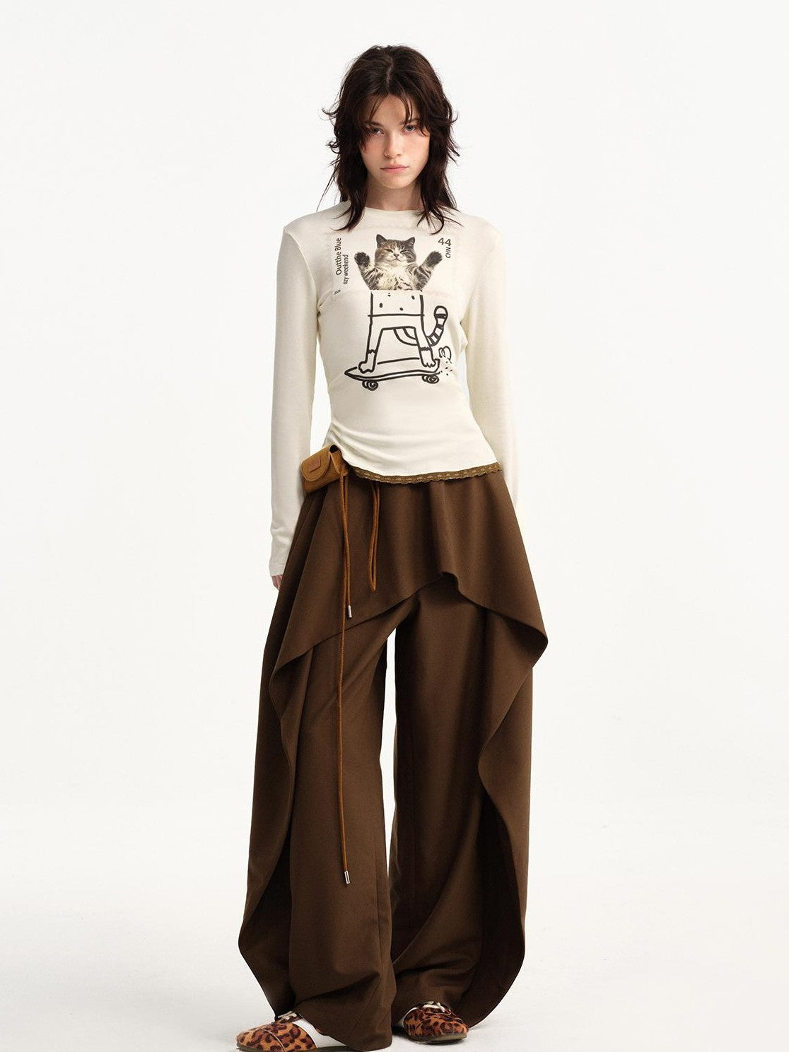 OuttheBlue Stamp Cat Print Contrast Lace Women&
