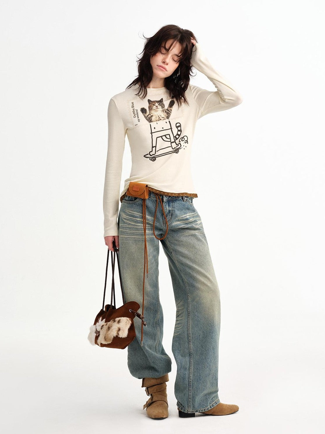 OuttheBlue Stamp Cat Print Contrast Lace Women&