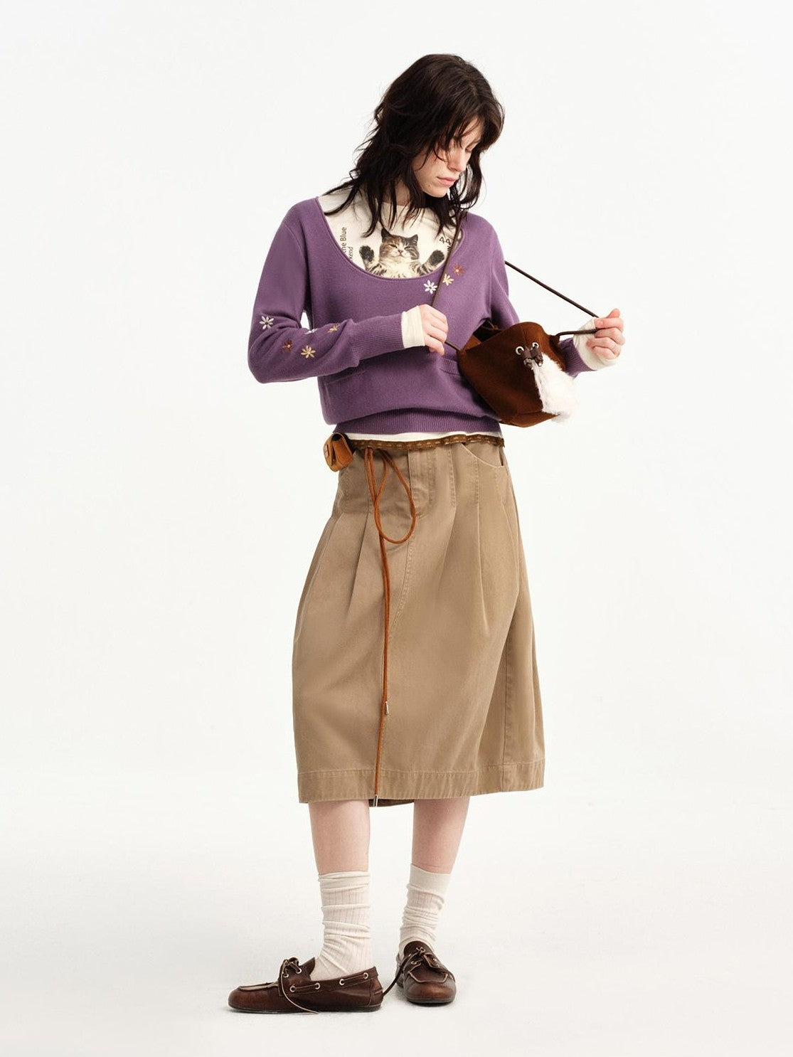 OuttheBlue Stamp Cat Print Contrast Lace Women&