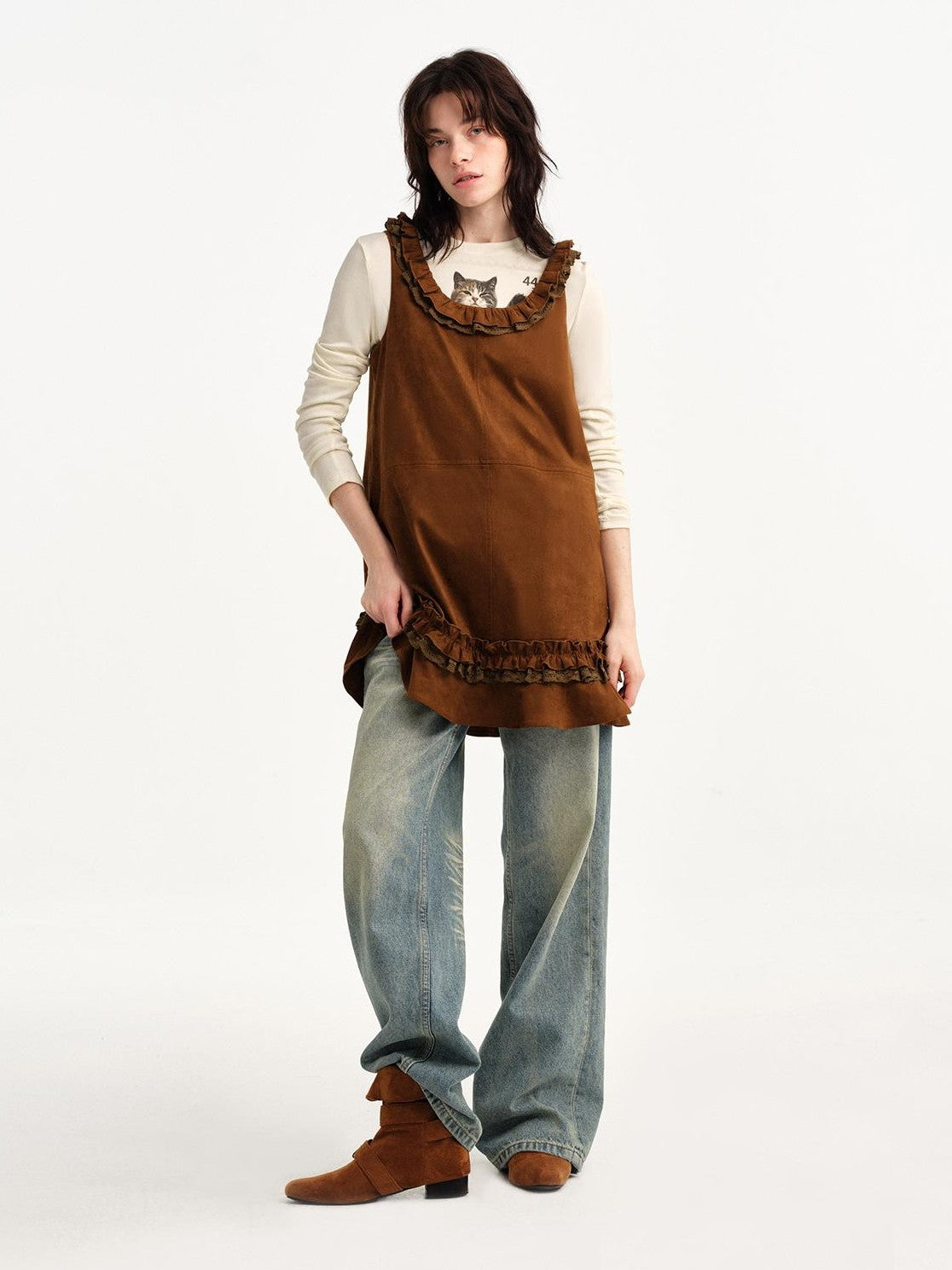 OuttheBlue Stamp Cat Print Contrast Lace Women&