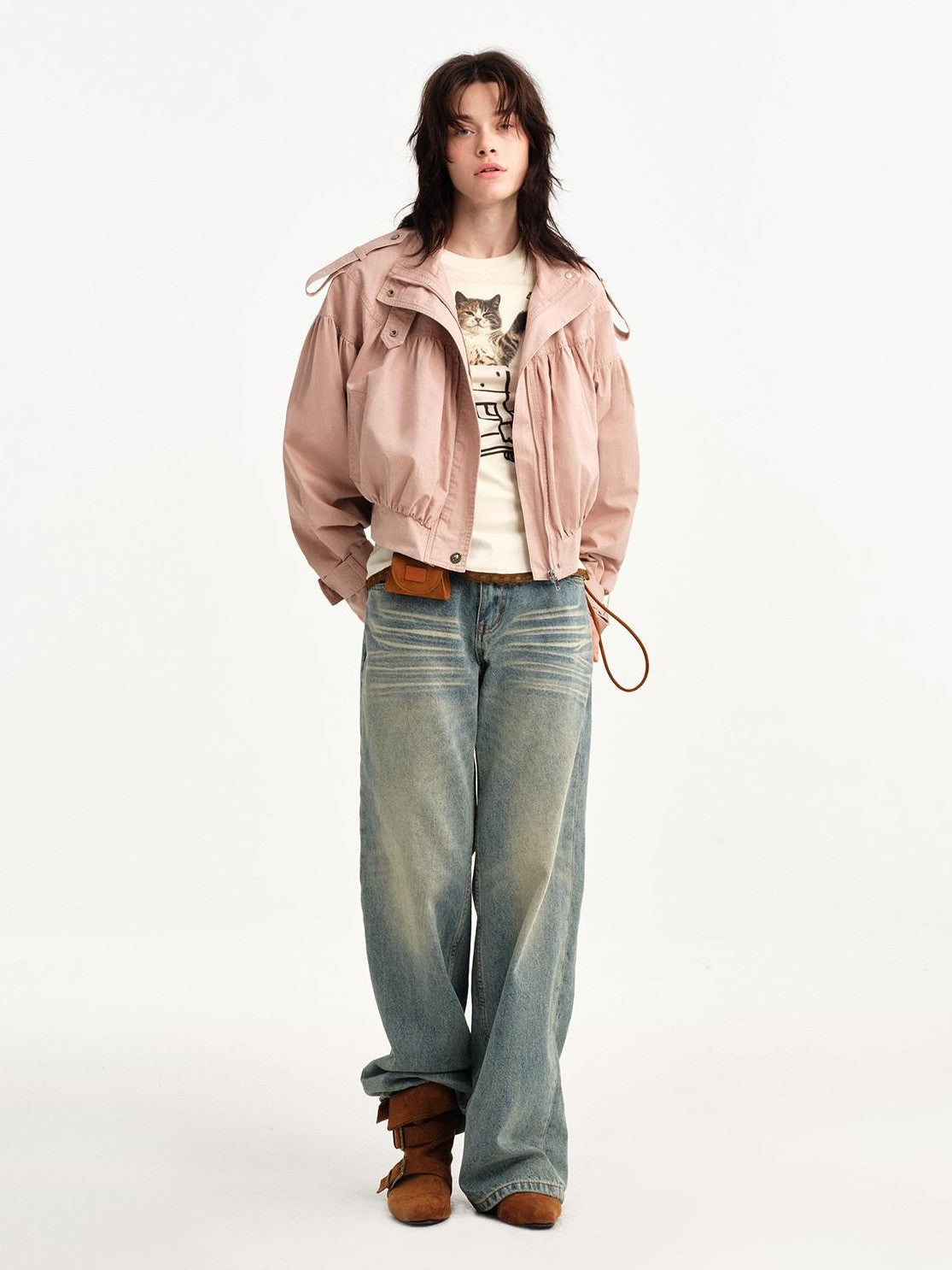 OuttheBlue Stamp Cat Print Contrast Lace Women&