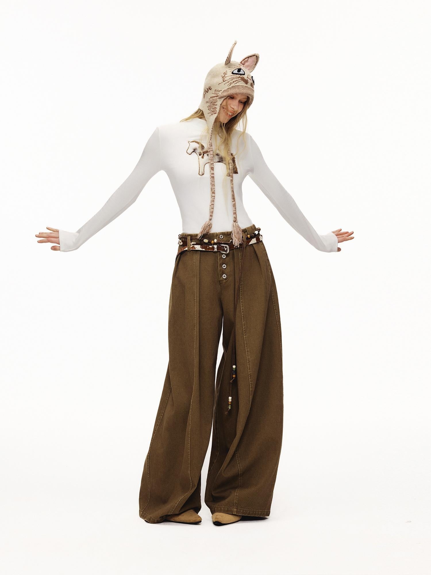 OuttheBlue Stretch Cotton Blend Slim Long Sleeve Half High Neck Patch Animal Print T-Shirt