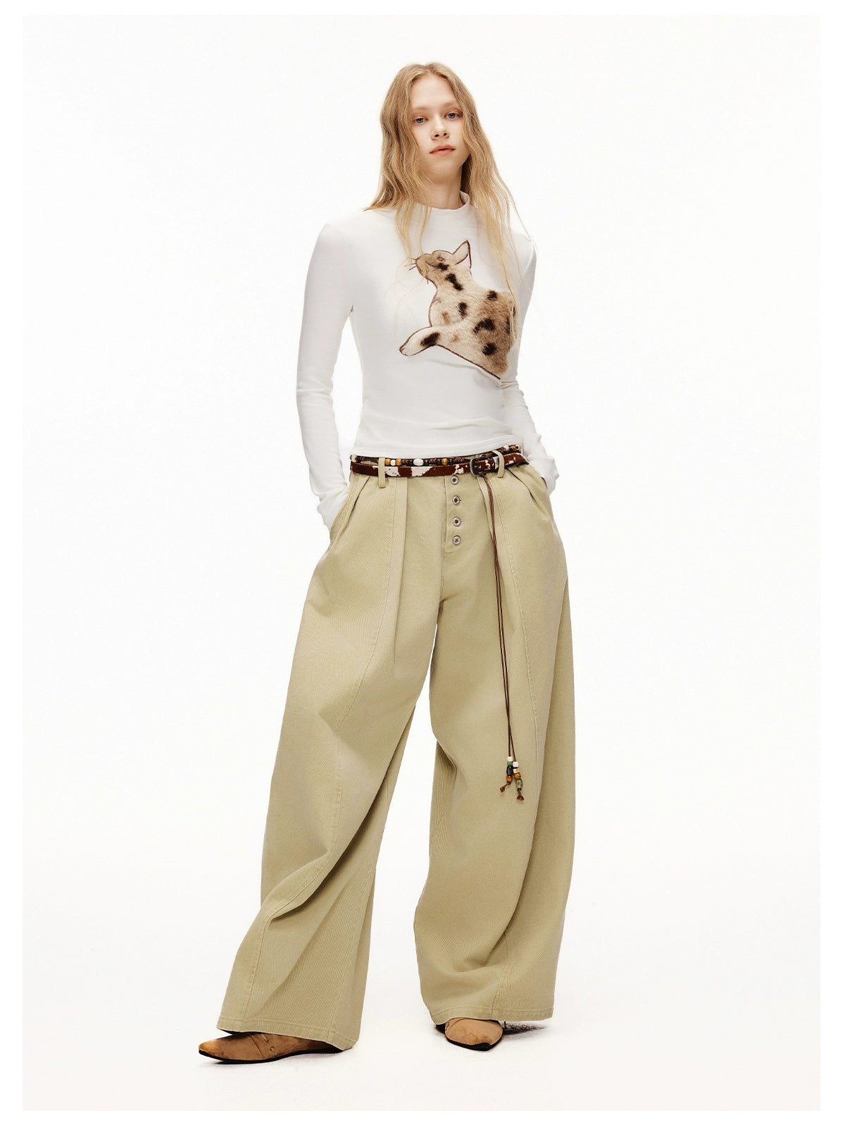 OuttheBlue Stretch Cotton Blend Slim Long Sleeve Half High Neck Patch Animal Print T-Shirt