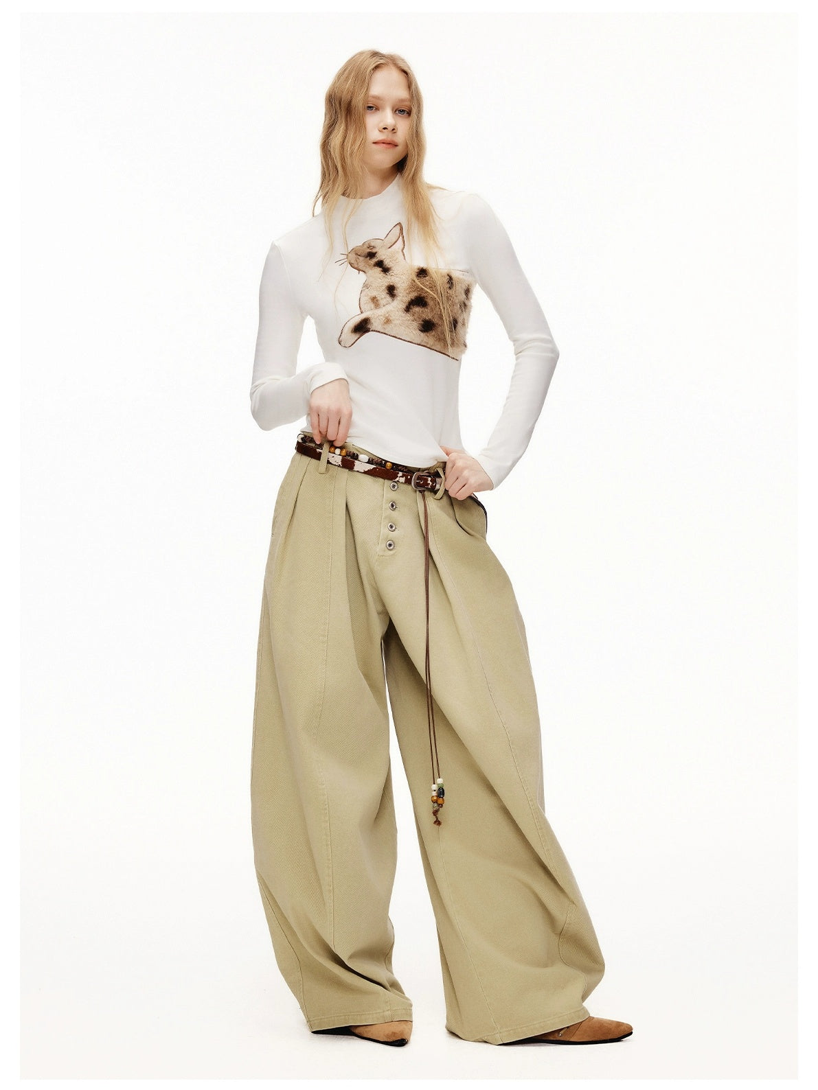 OuttheBlue Stretch Cotton Blend Slim Long Sleeve Half High Neck Patch Animal Print T-Shirt