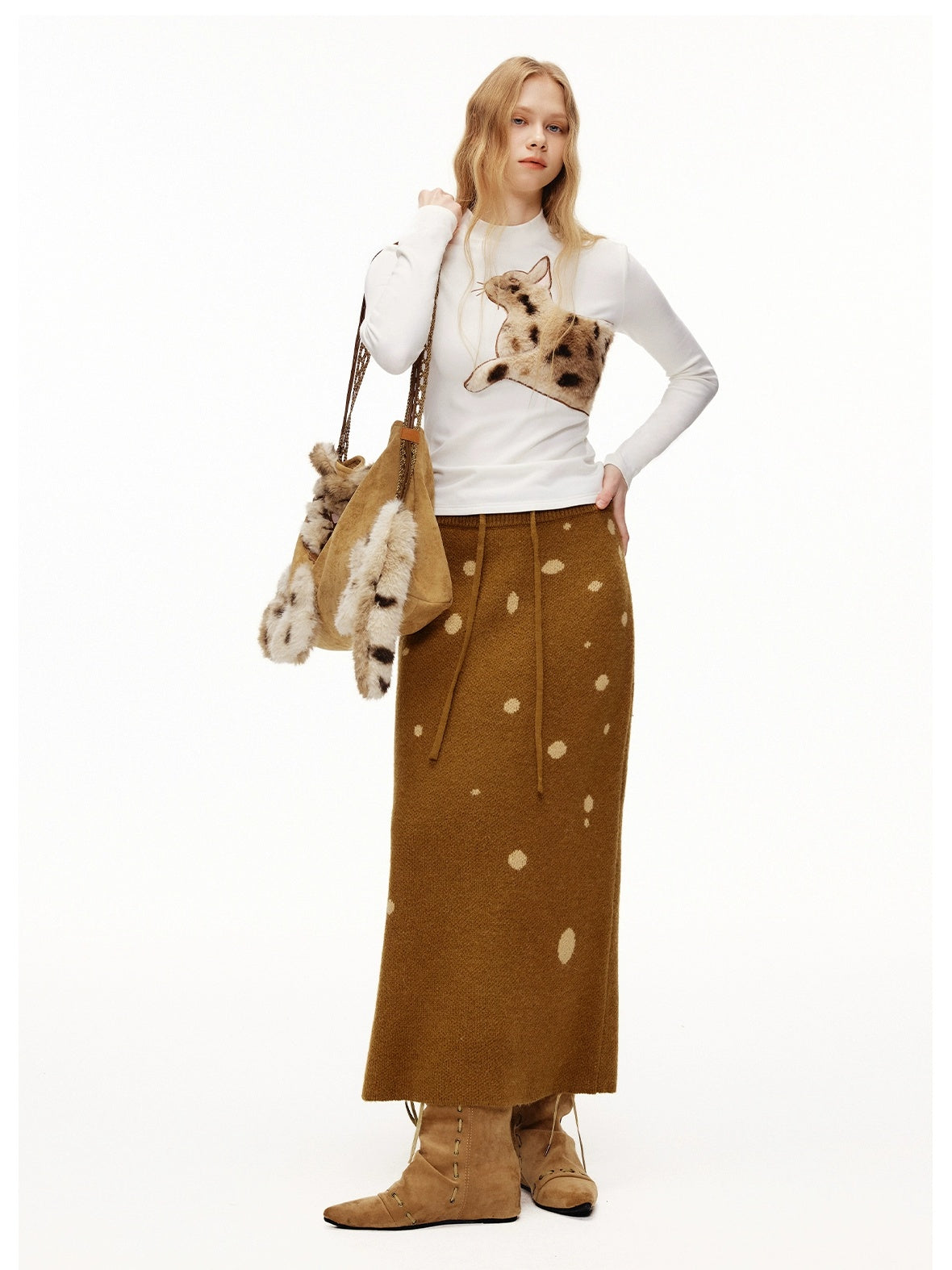 OuttheBlue Stretch Cotton Blend Slim Long Sleeve Half High Neck Patch Animal Print T-Shirt