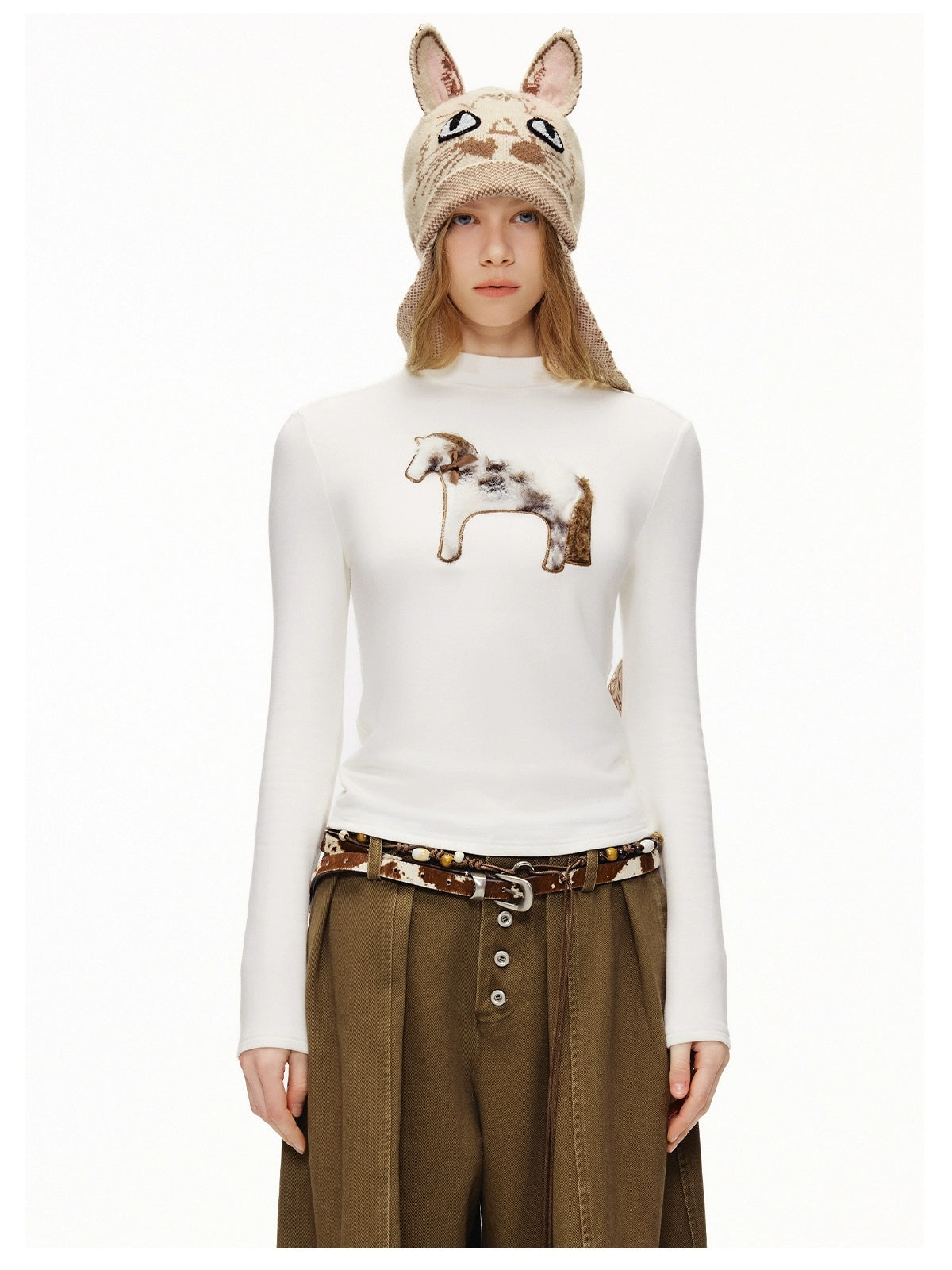 OuttheBlue Stretch Cotton Blend Slim Long Sleeve Half High Neck Patch Animal Print T-Shirt