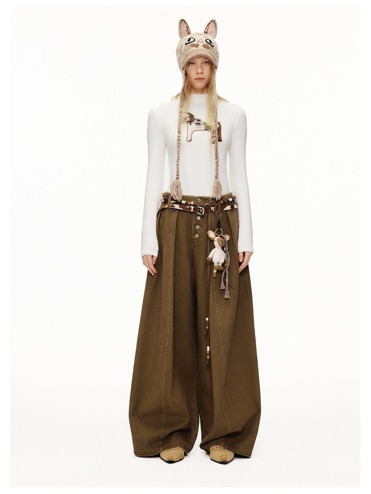 OuttheBlue Stretch Cotton Blend Slim Long Sleeve Half High Neck Patch Animal Print T-Shirt