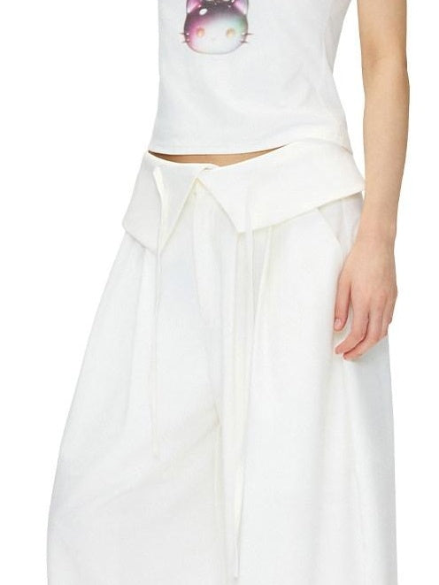 OuttheBlue Stretch Polyester Blend Natural Waist Casual White Women Wide-Leg Pants