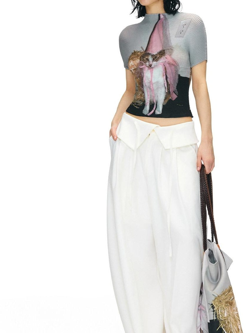 OuttheBlue Stretch Polyester Blend Natural Waist Casual White Women Wide-Leg Pants