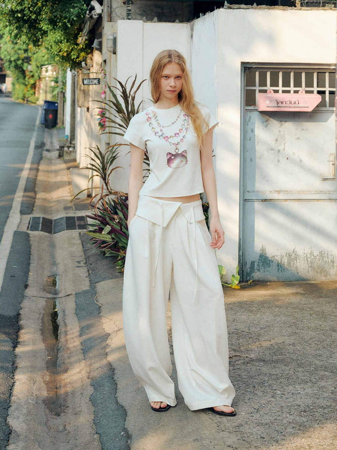 OuttheBlue Stretch Polyester Blend Natural Waist Casual White Women Wide-Leg Pants