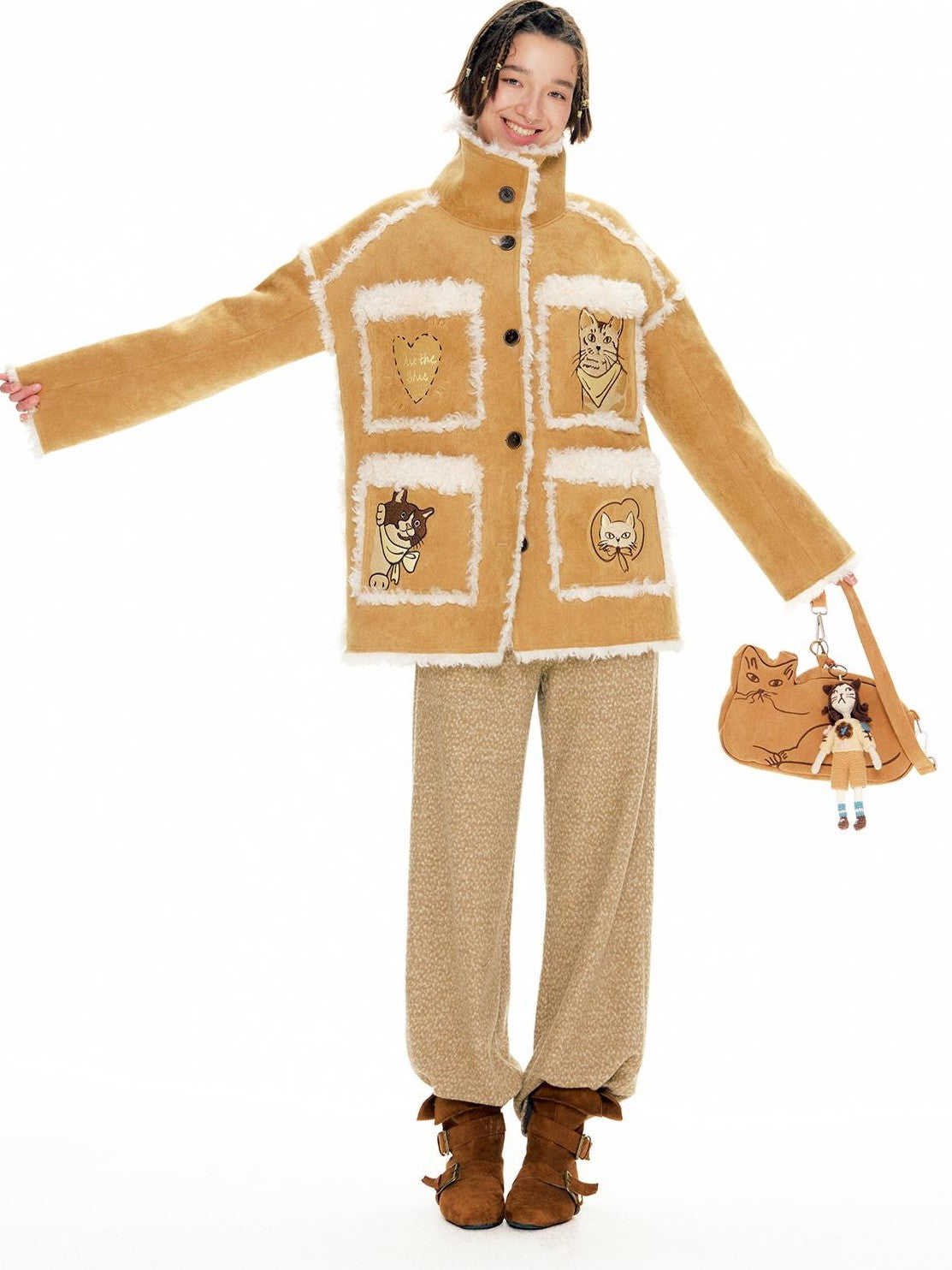 OuttheBlue Suede Cat Embroidery Women&