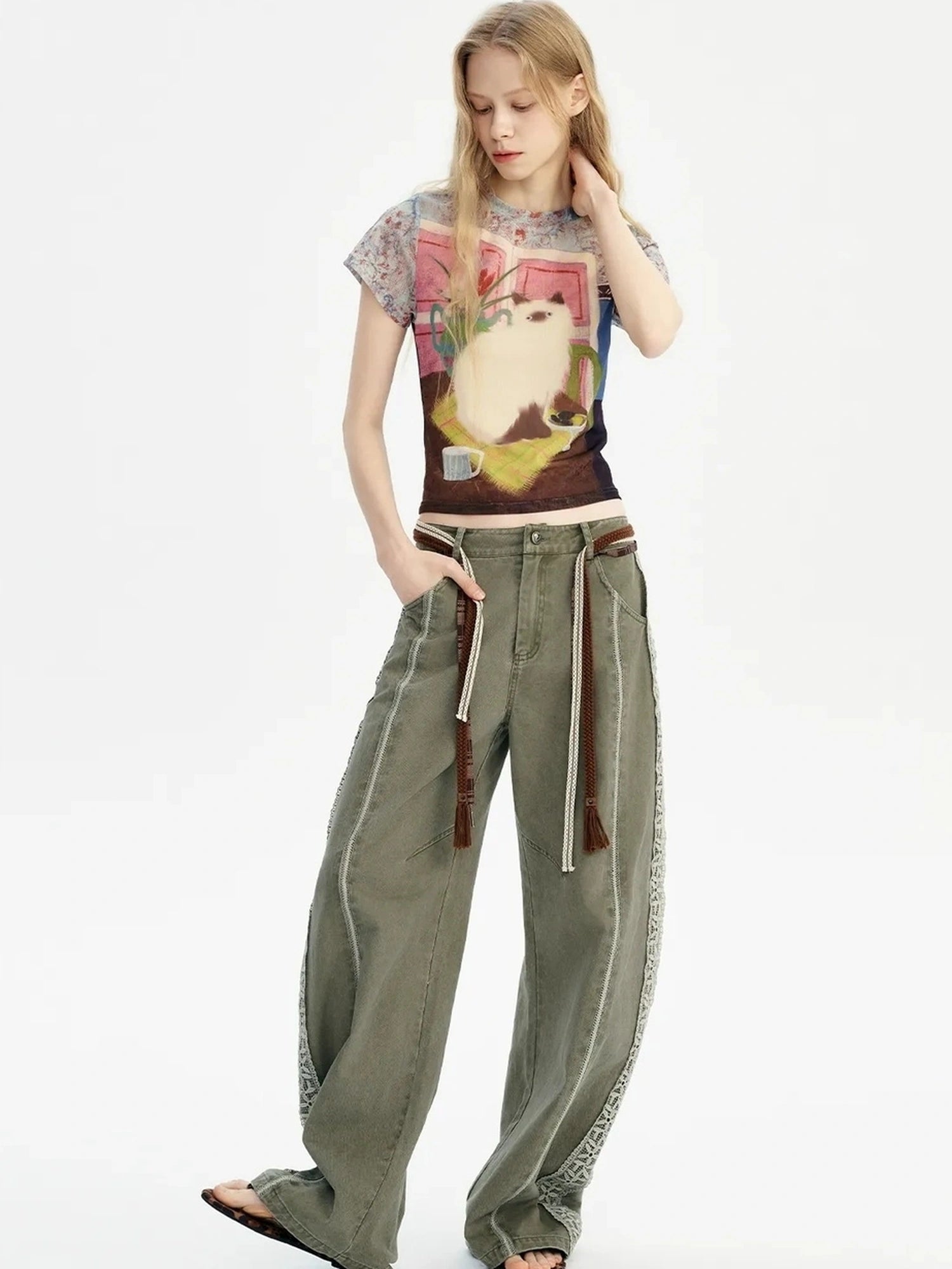 OuttheBlue Summer Cotton Lace Wide Leg Cropped Pants