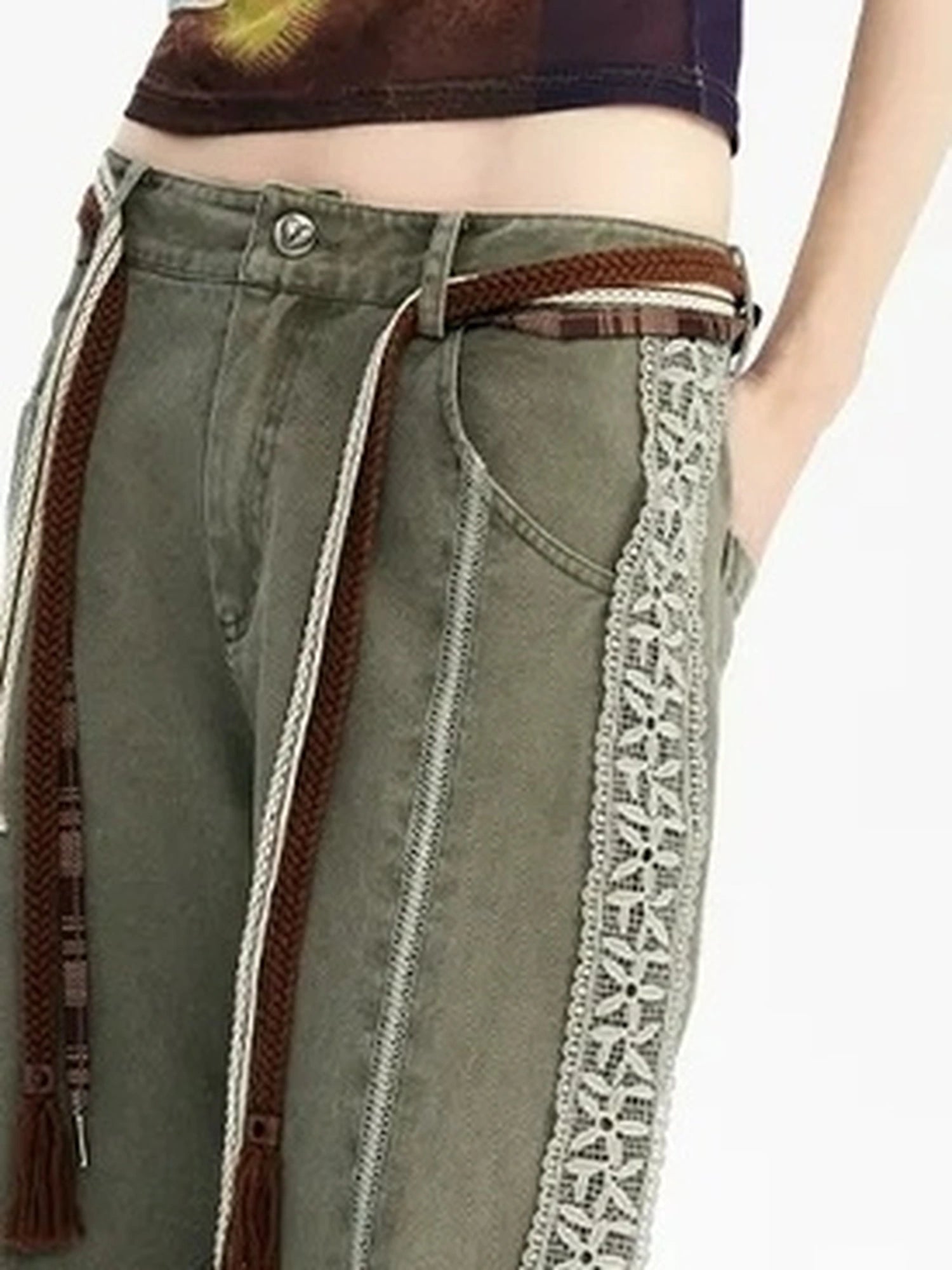 OuttheBlue Summer Cotton Lace Wide Leg Cropped Pants