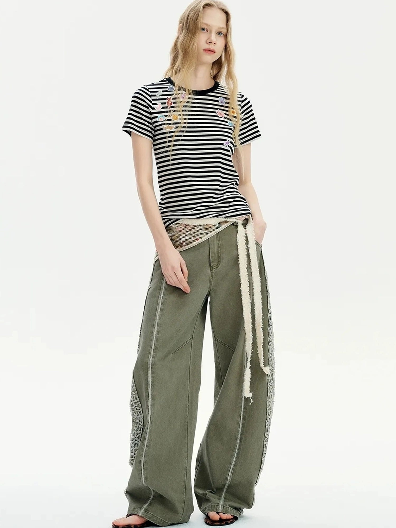 OuttheBlue Summer Cotton Lace Wide Leg Cropped Pants