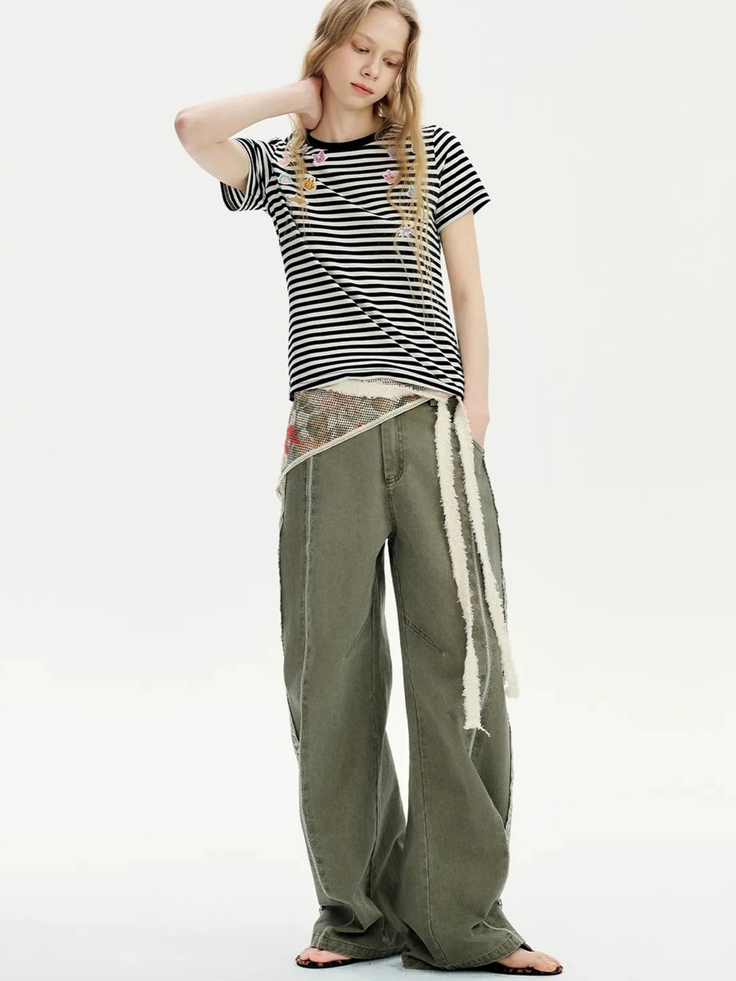 OuttheBlue Summer Cotton Lace Wide Leg Cropped Pants