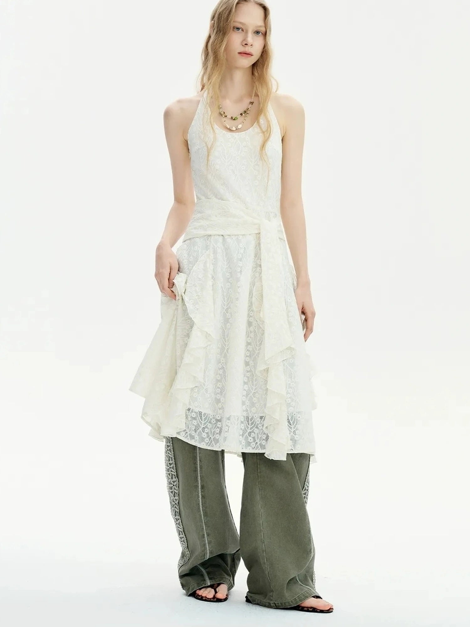 OuttheBlue Summer Cotton Lace Wide Leg Cropped Pants