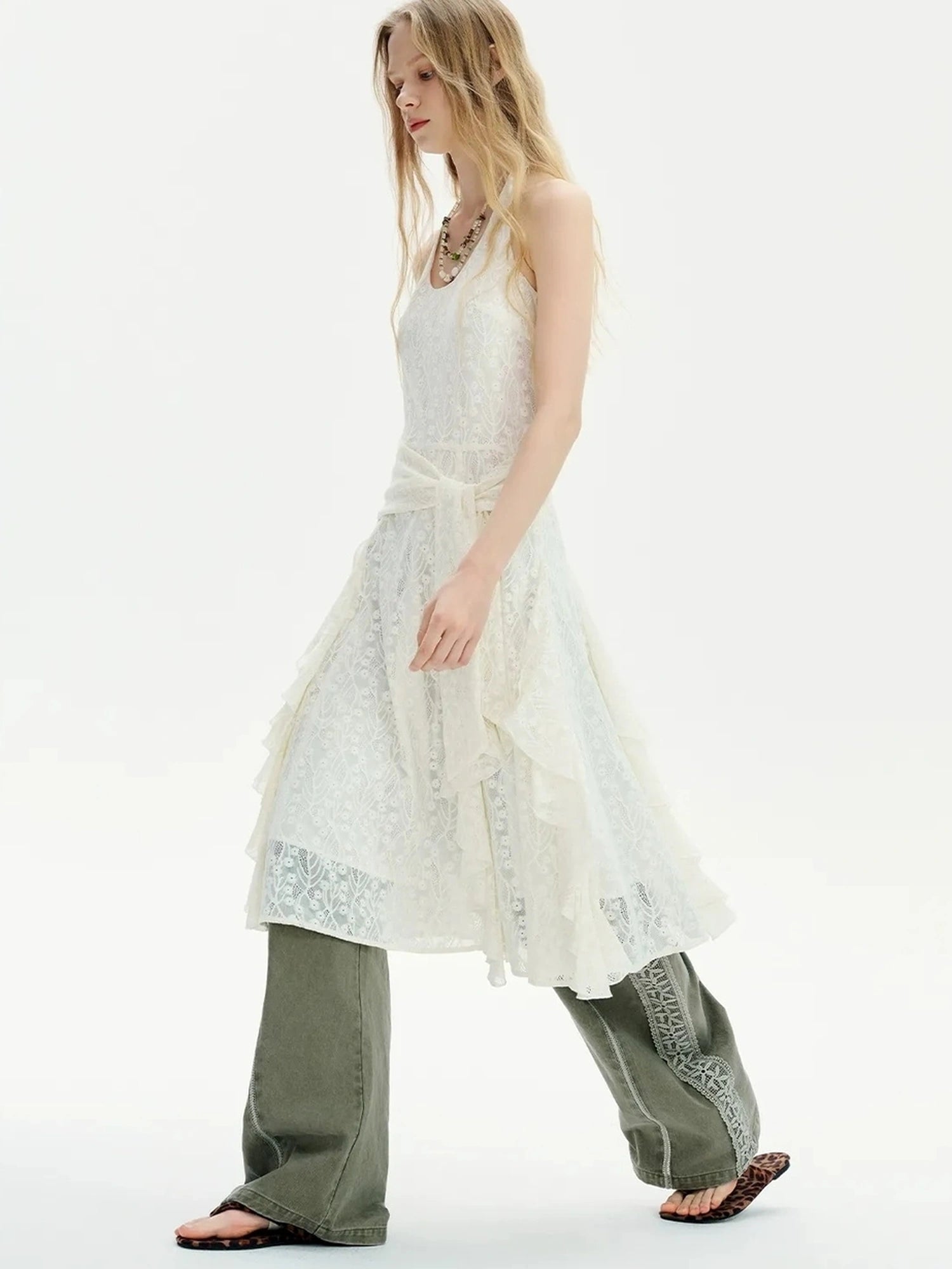 OuttheBlue Summer Cotton Lace Wide Leg Cropped Pants