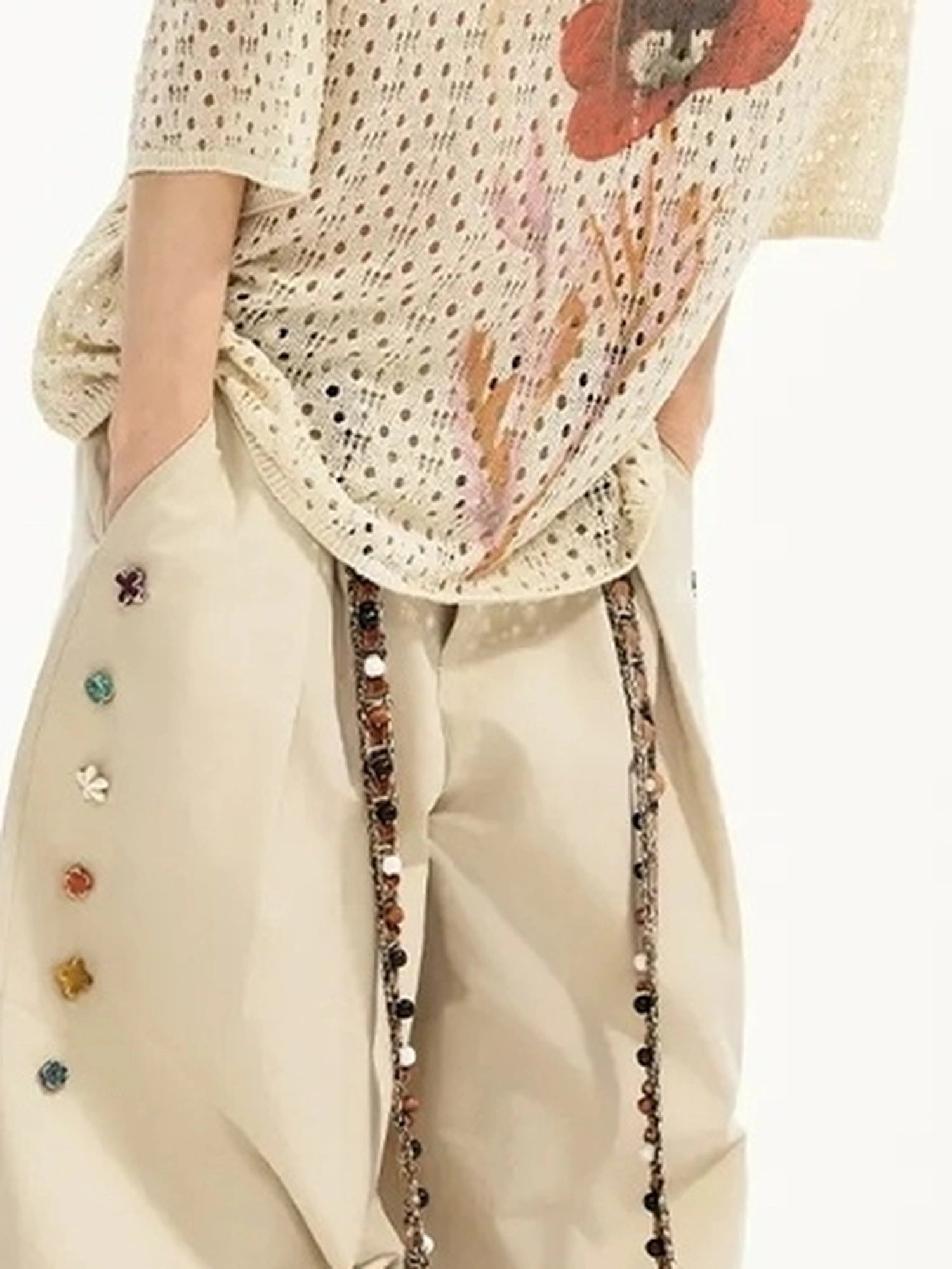 Summer Floral Lace Knit Tee V-neck T-shirt Long Sleeve