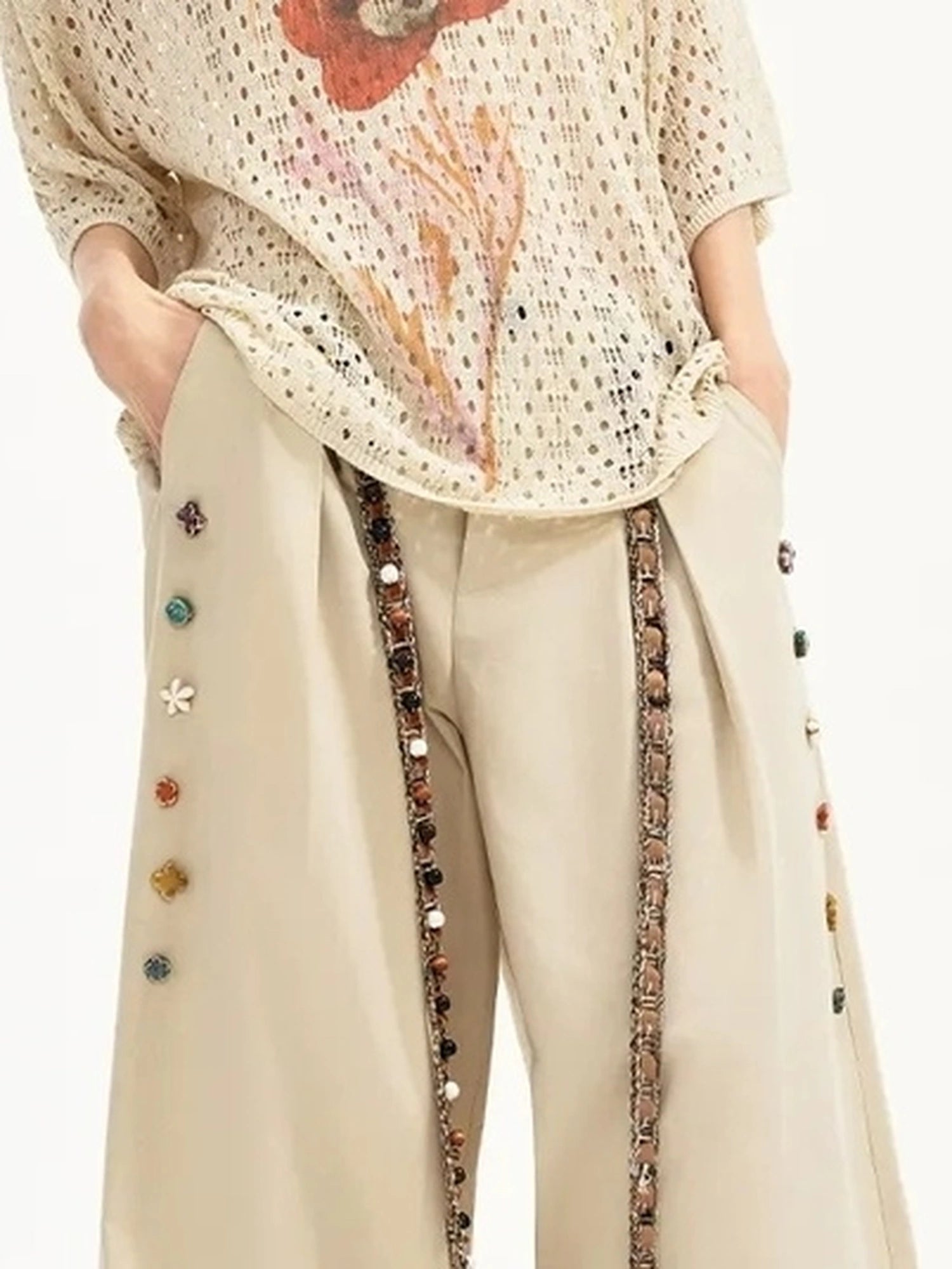 Summer Floral Lace Knit Tee V-neck T-shirt Long Sleeve