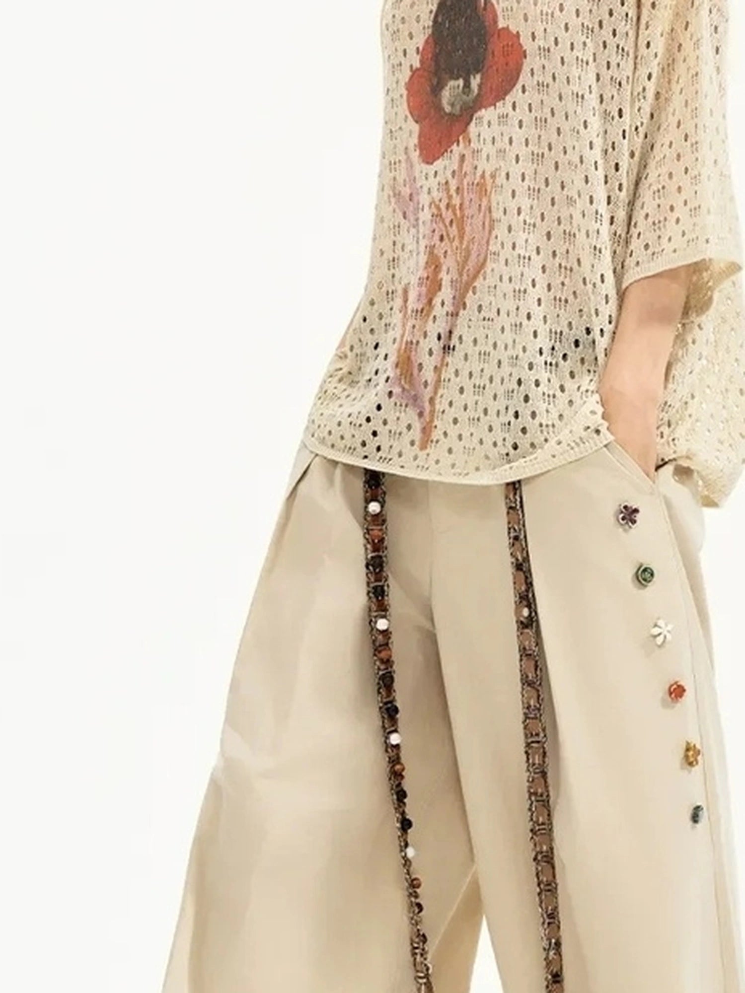 Summer Floral Lace Knit Tee V-neck T-shirt Long Sleeve