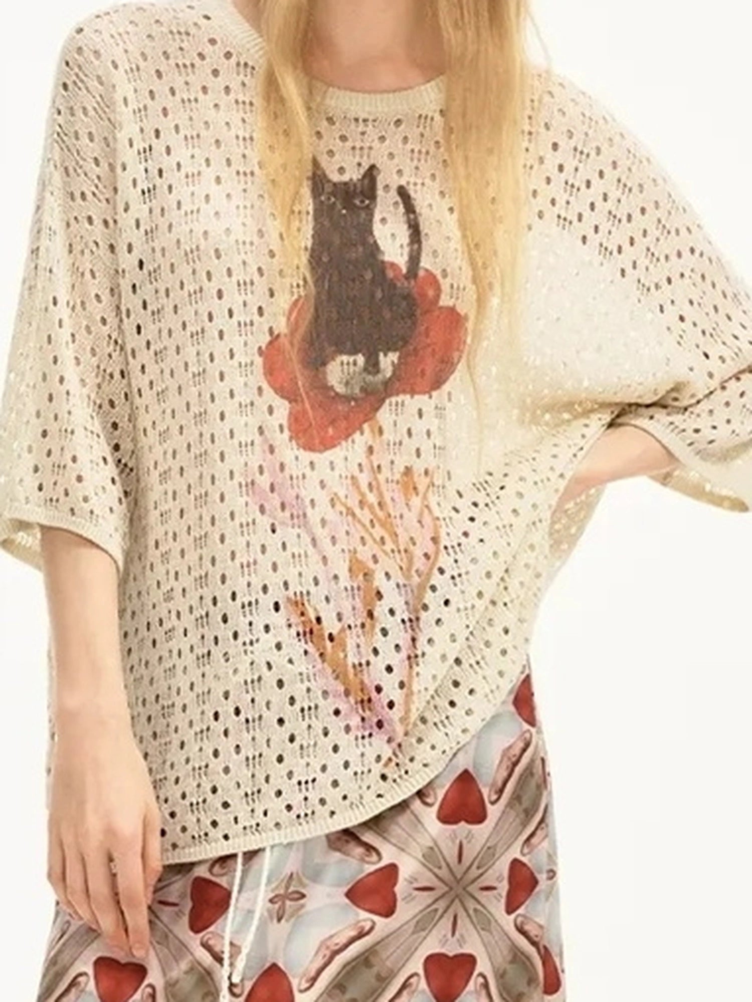 Summer Floral Lace Knit Tee V-neck T-shirt Long Sleeve
