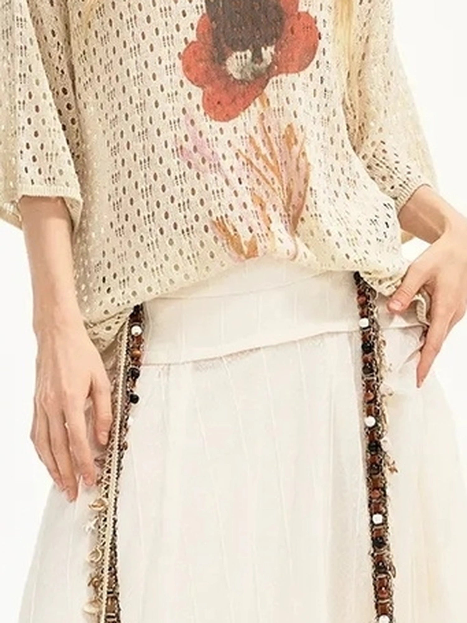 Summer Floral Lace Knit Tee V-neck T-shirt Long Sleeve