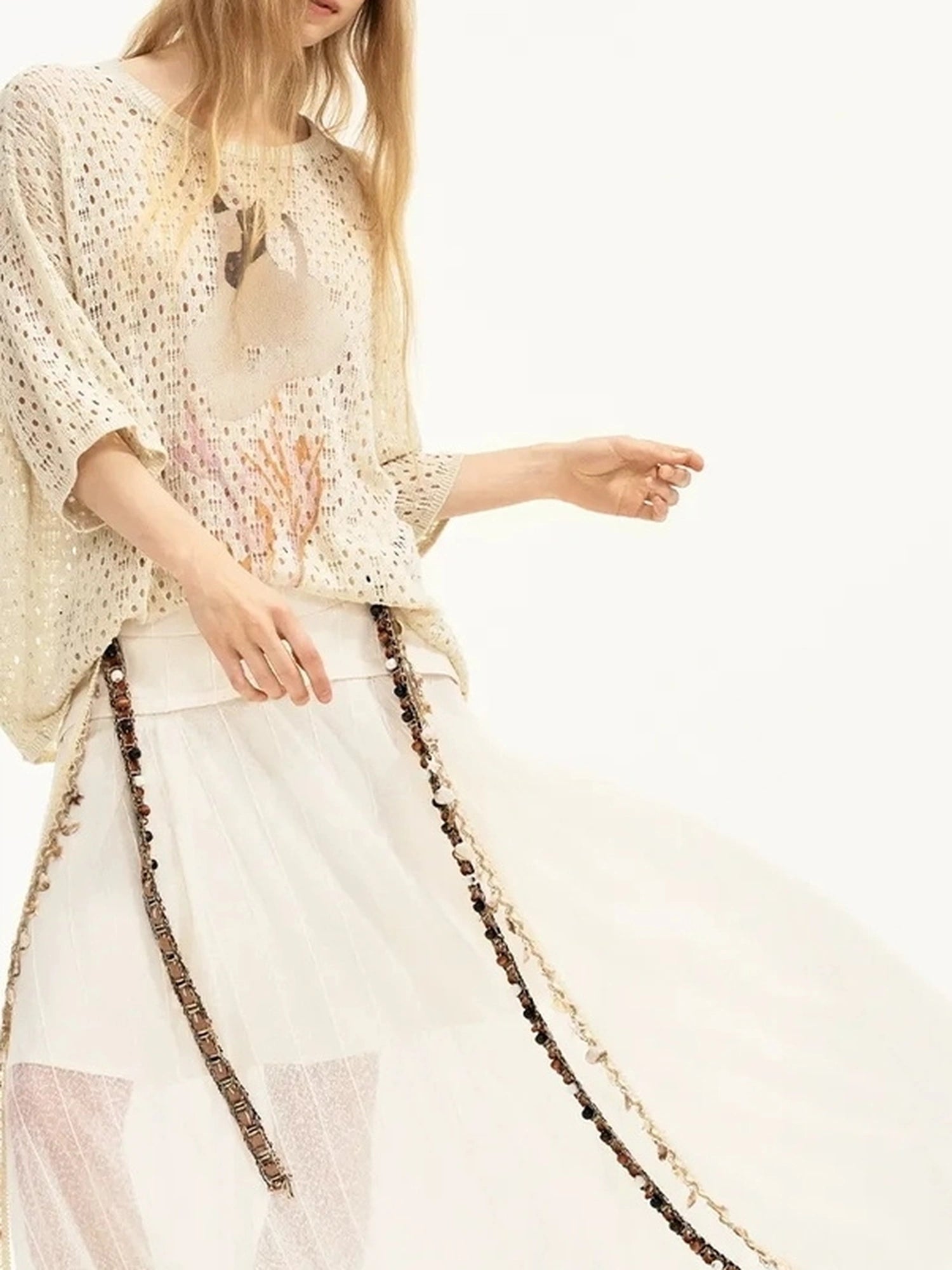 Summer Floral Lace Knit Tee V-neck T-shirt Long Sleeve