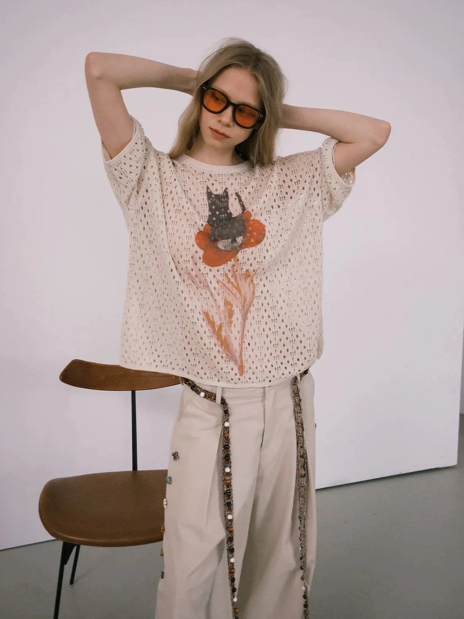 Summer Floral Lace Knit Tee V-neck T-shirt Long Sleeve