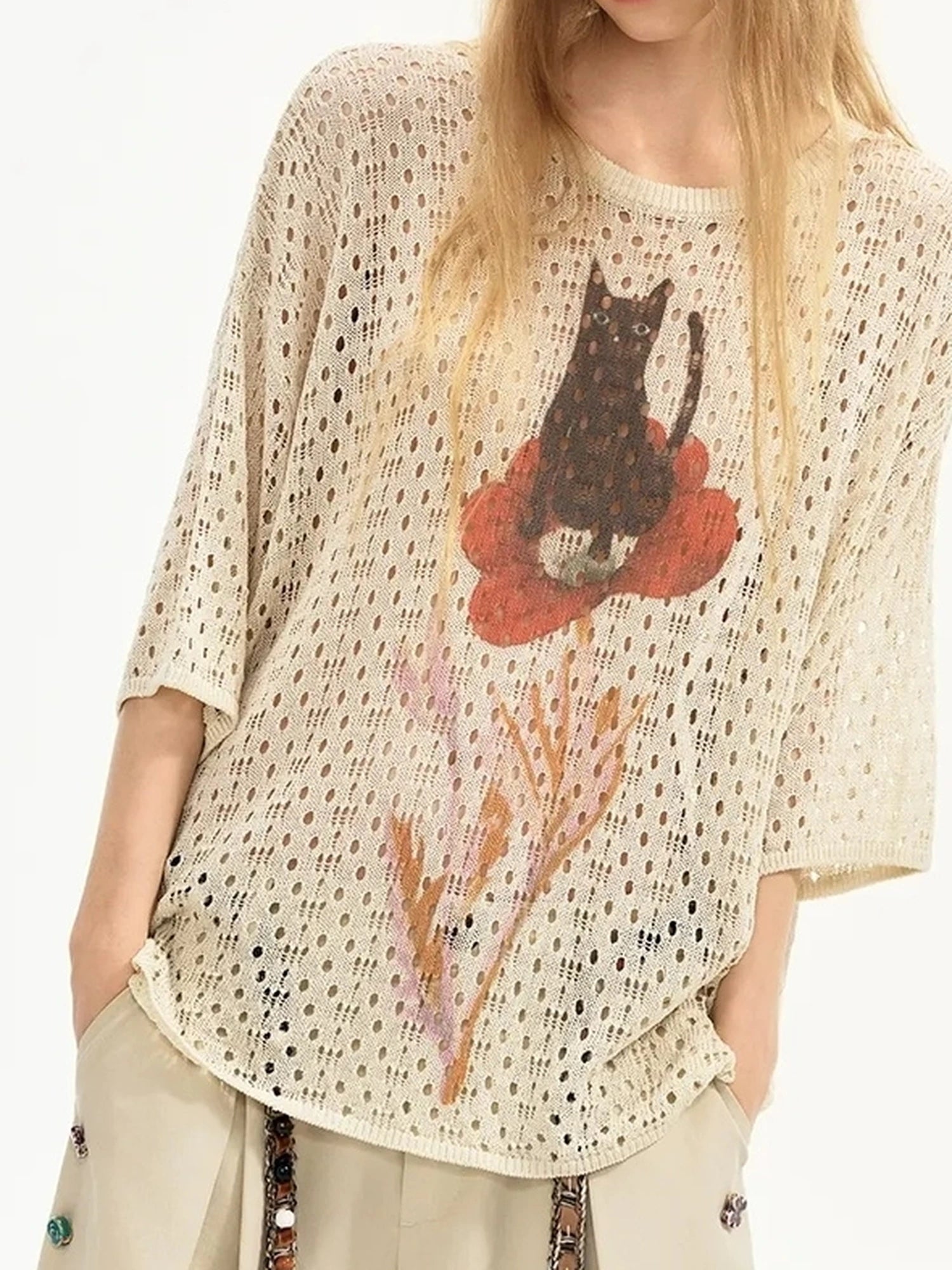 Summer Floral Lace Knit Tee V-neck T-shirt Long Sleeve