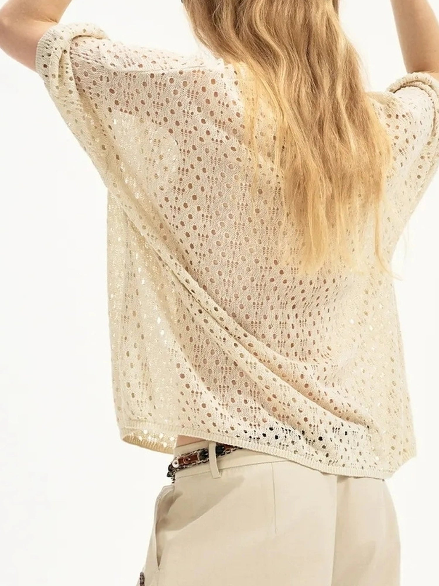 Summer Floral Lace Knit Tee V-neck T-shirt Long Sleeve