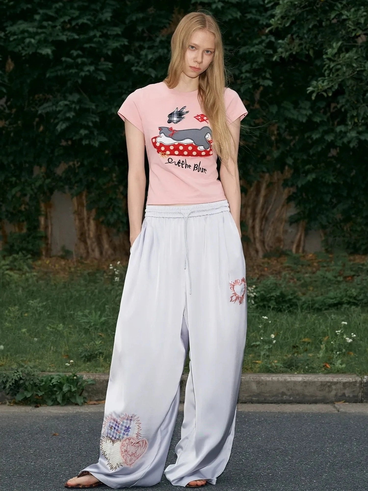 OuttheBlue Summer Patchwork Embroidered Satin Trousers