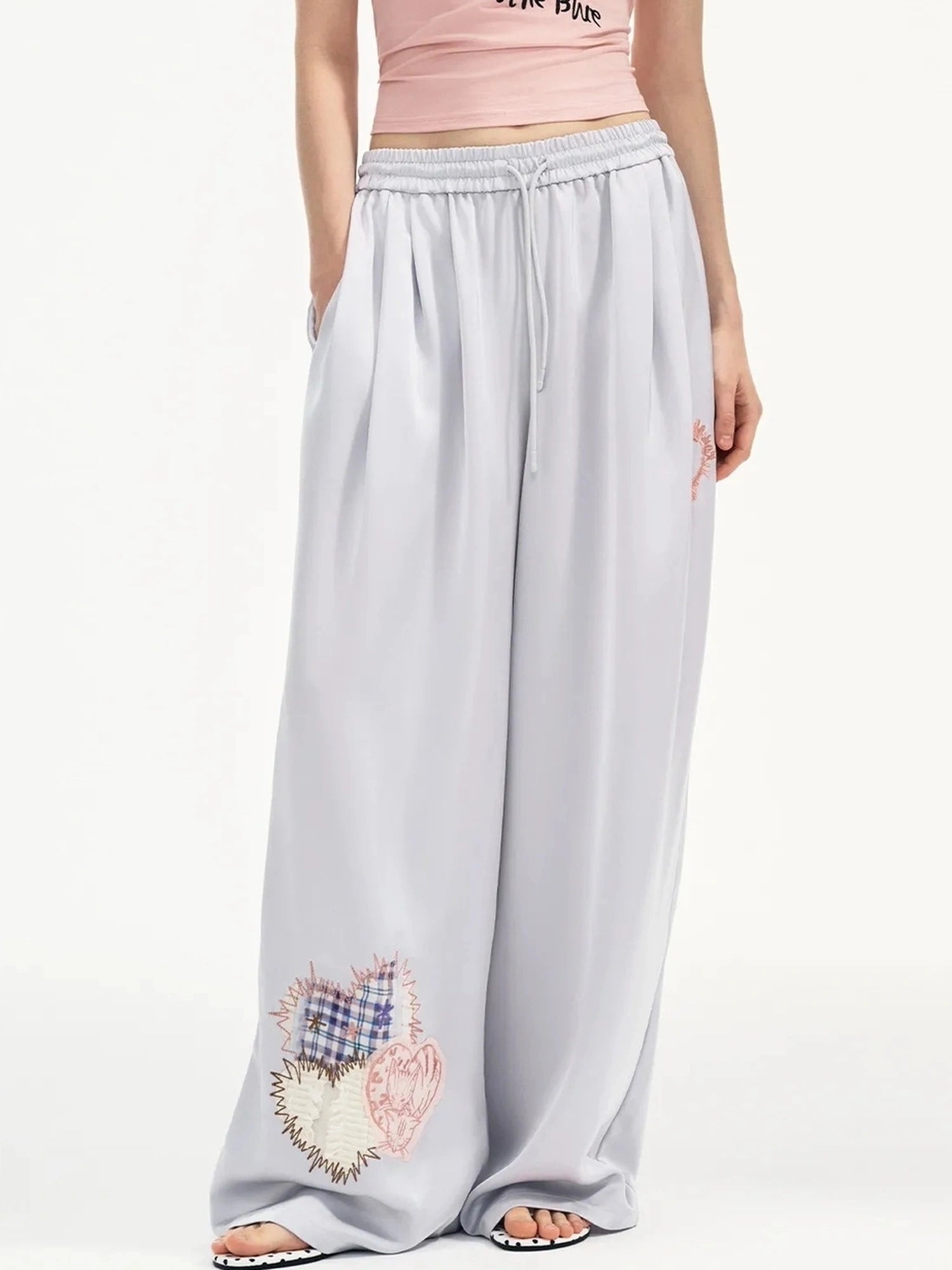 OuttheBlue Summer Patchwork Embroidered Satin Trousers