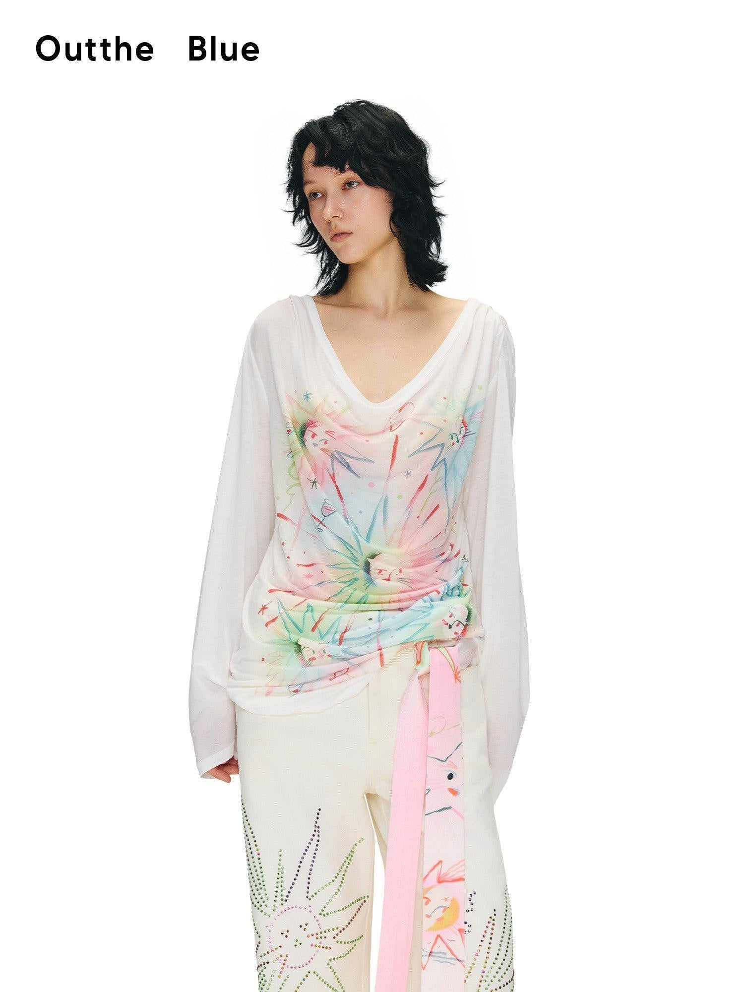 OuttheBlue Sweet Printed Loose Scoop Neck Lyocell Uv Beige Cat Nebula Long Sleeve T-Shirts