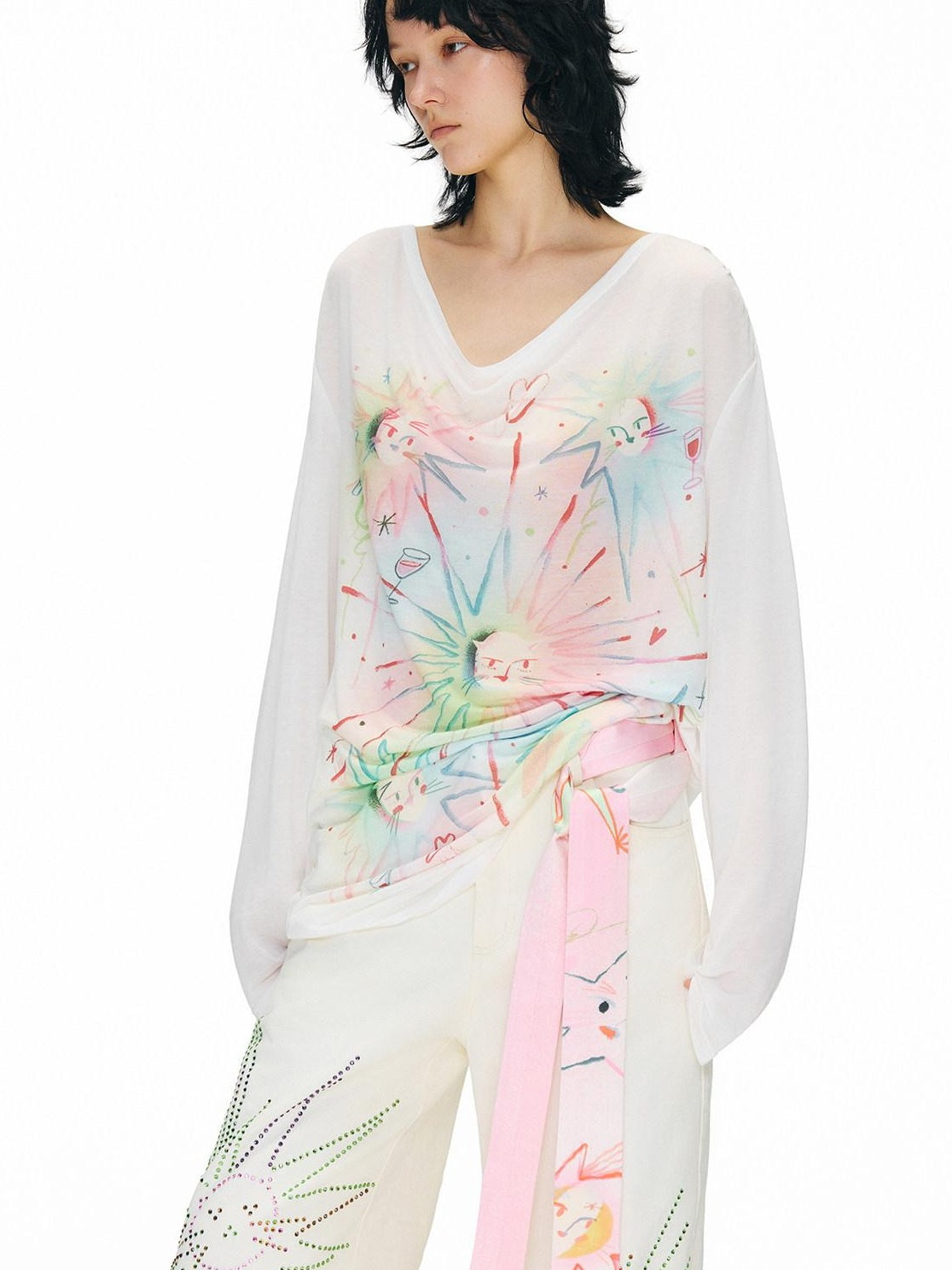 OuttheBlue Sweet Printed Loose Scoop Neck Lyocell Uv Beige Cat Nebula Long Sleeve T-Shirts