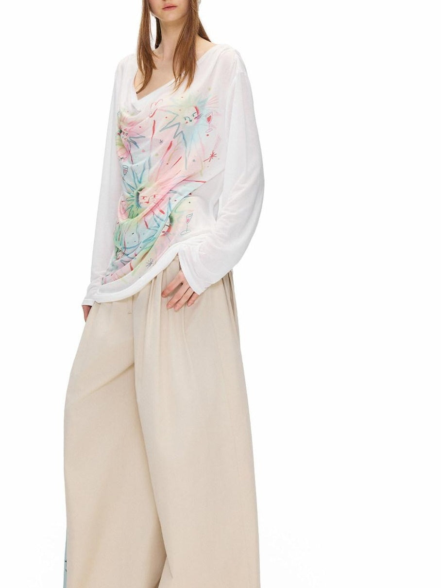 OuttheBlue Sweet Printed Loose Scoop Neck Lyocell Uv Beige Cat Nebula Long Sleeve T-Shirts