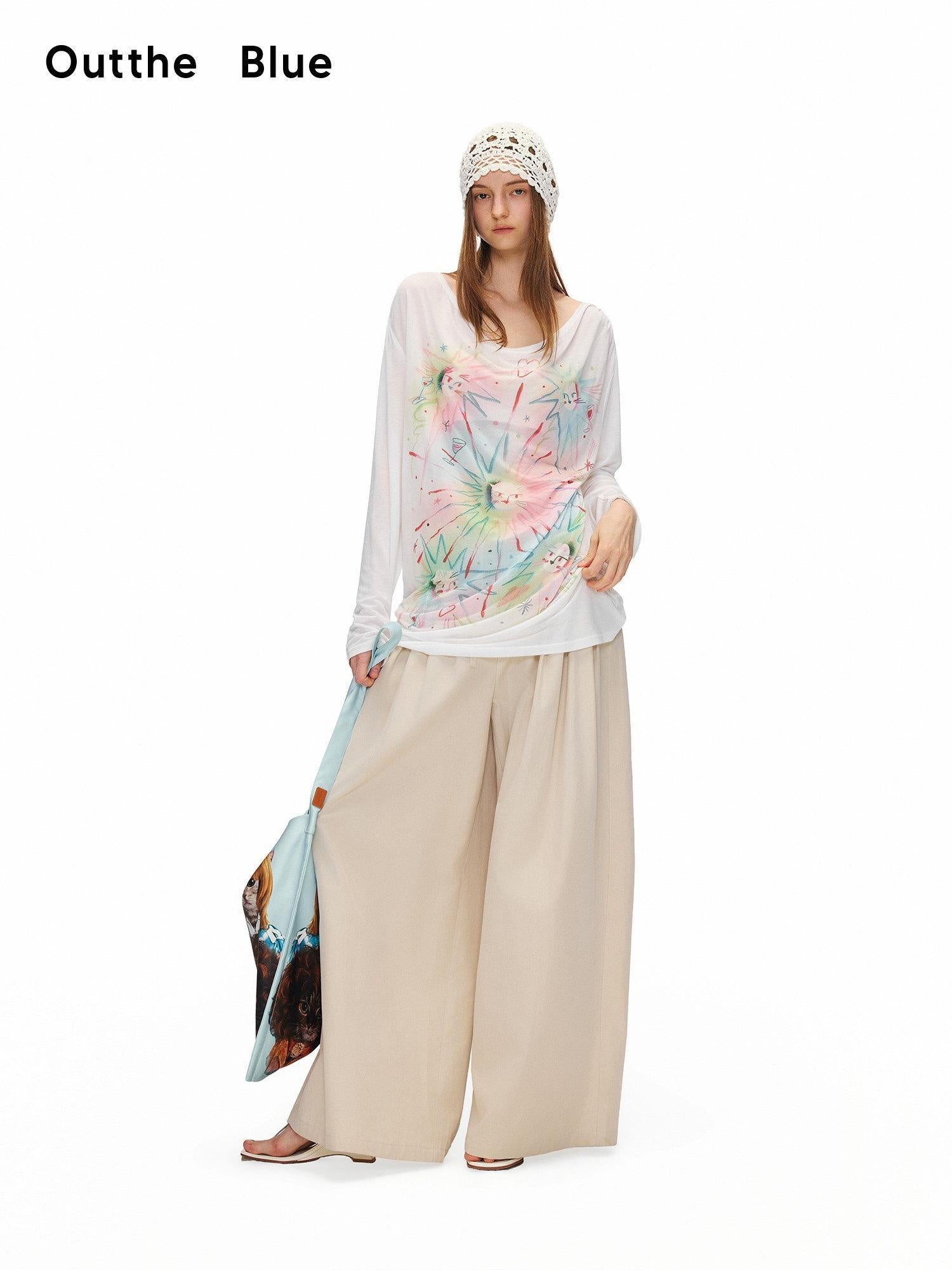 OuttheBlue Sweet Printed Loose Scoop Neck Lyocell Uv Beige Cat Nebula Long Sleeve T-Shirts