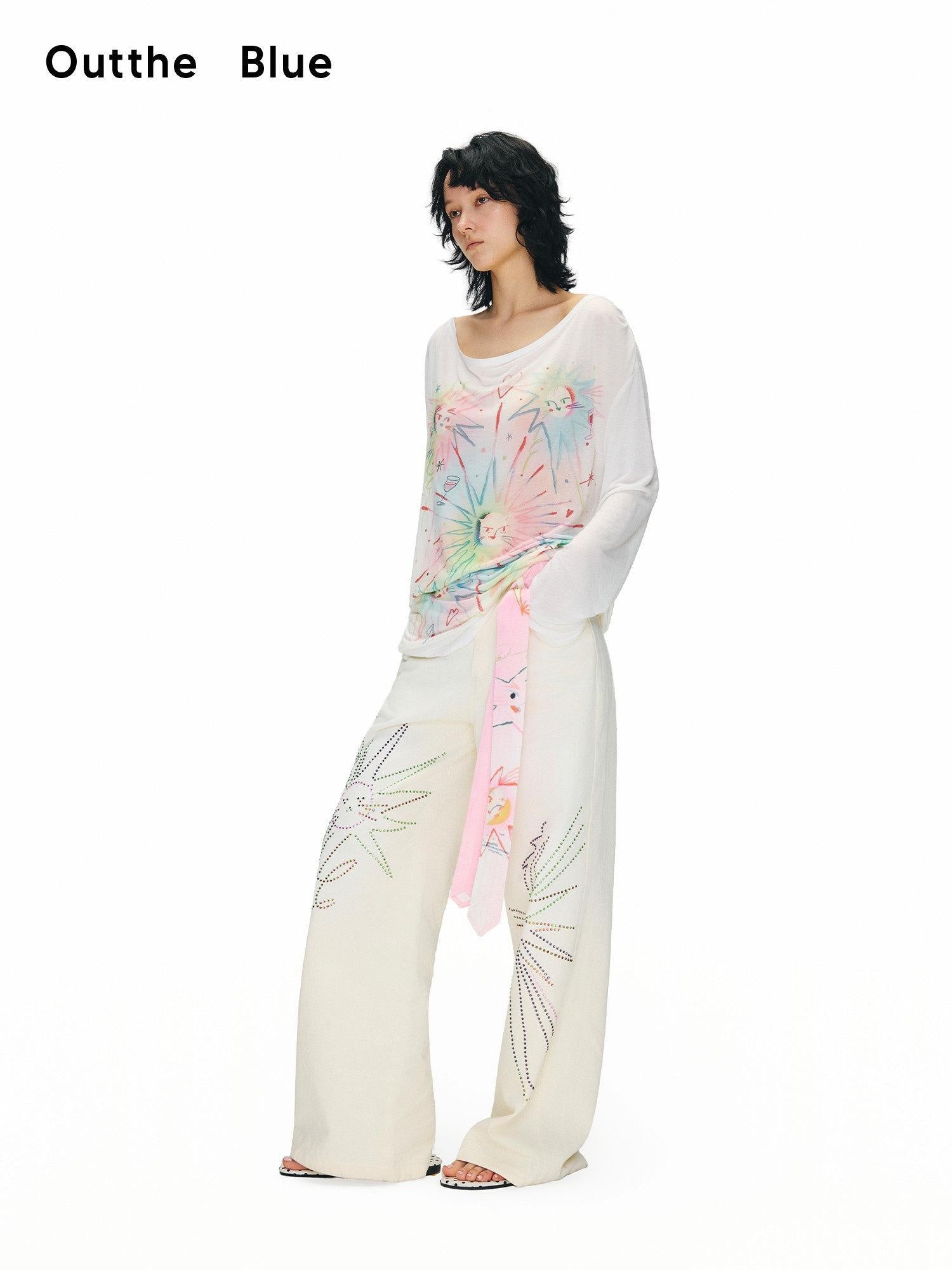 OuttheBlue Sweet Printed Loose Scoop Neck Lyocell Uv Beige Cat Nebula Long Sleeve T-Shirts