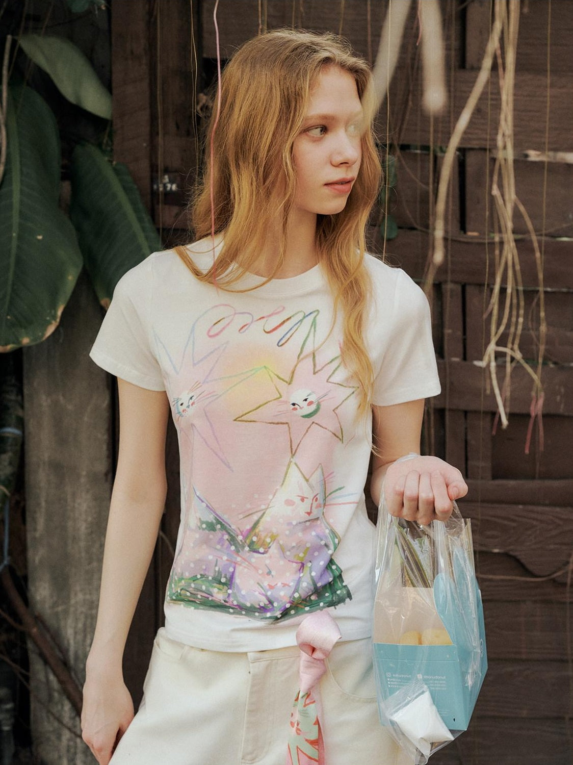 OuttheBlue Sweet Printed Loose Scoop Neck Lyocell Uv Beige Cat Nebula Long Sleeve T-Shirts