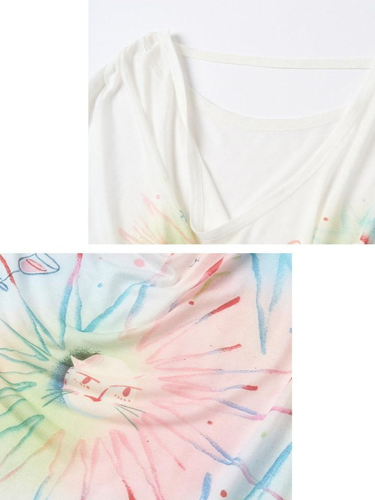 OuttheBlue Sweet Printed Loose Scoop Neck Lyocell Uv Beige Cat Nebula Long Sleeve T-Shirts