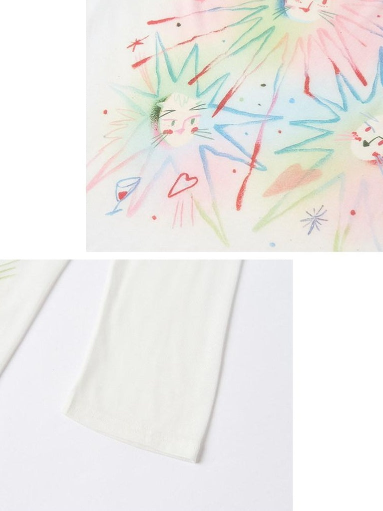 OuttheBlue Sweet Printed Loose Scoop Neck Lyocell Uv Beige Cat Nebula Long Sleeve T-Shirts