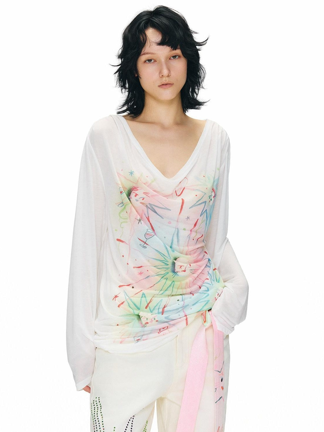 OuttheBlue Sweet Printed Loose Scoop Neck Lyocell Uv Beige Cat Nebula Long Sleeve T-Shirts