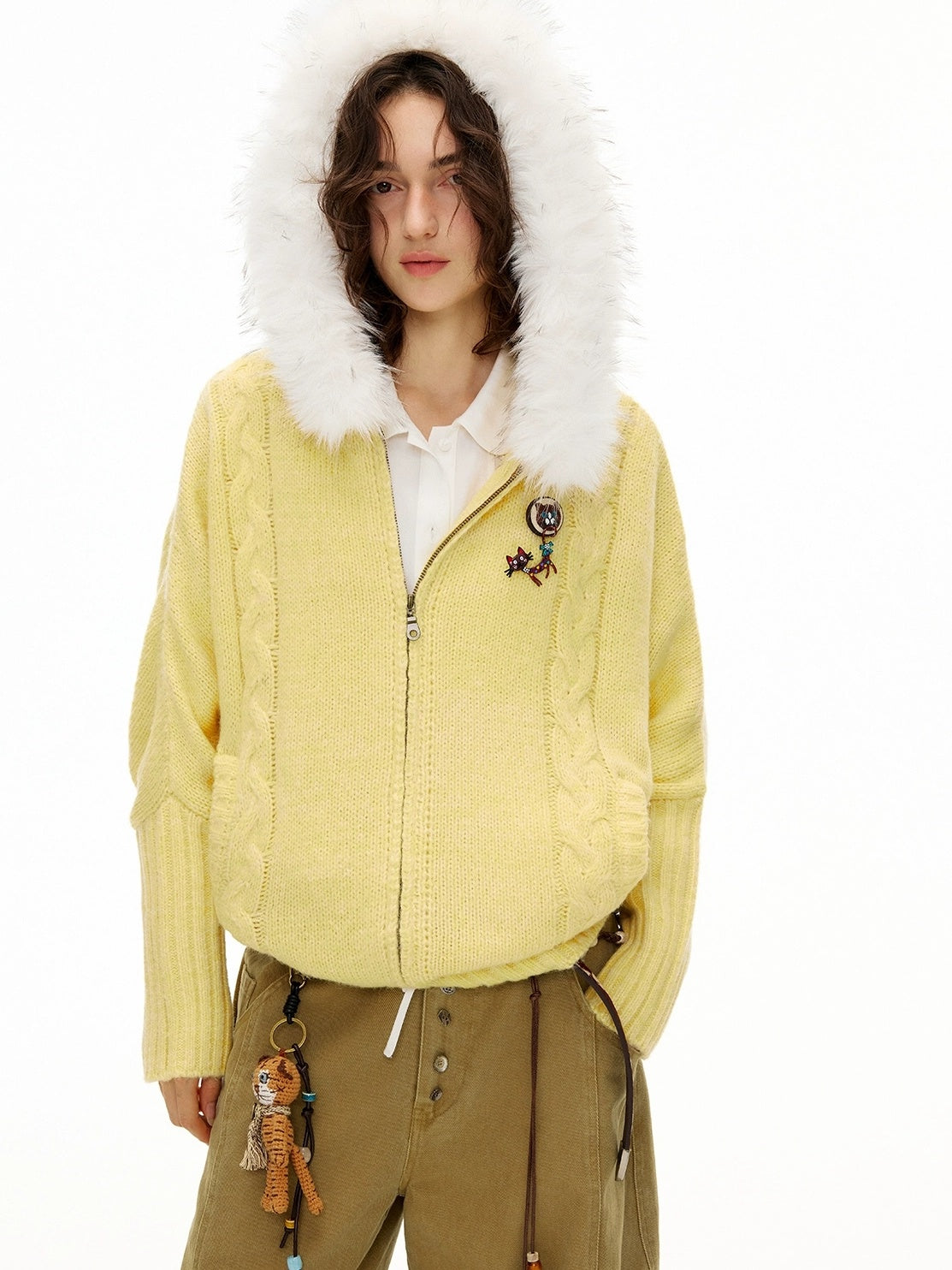 OuttheBlue Thermal Warm Hooded Zip Cardigan Loose Commuter Style Women Knit Sweater