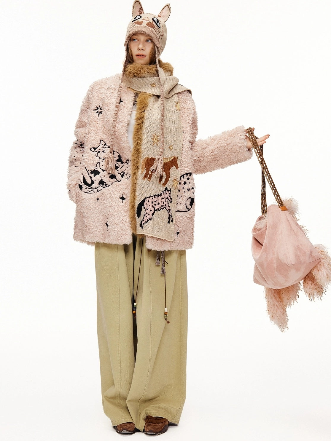 OuttheBlue Thick Cotton Padded Embroidered Sweet Loose Fit Round Neck Dirty Pink Jacket