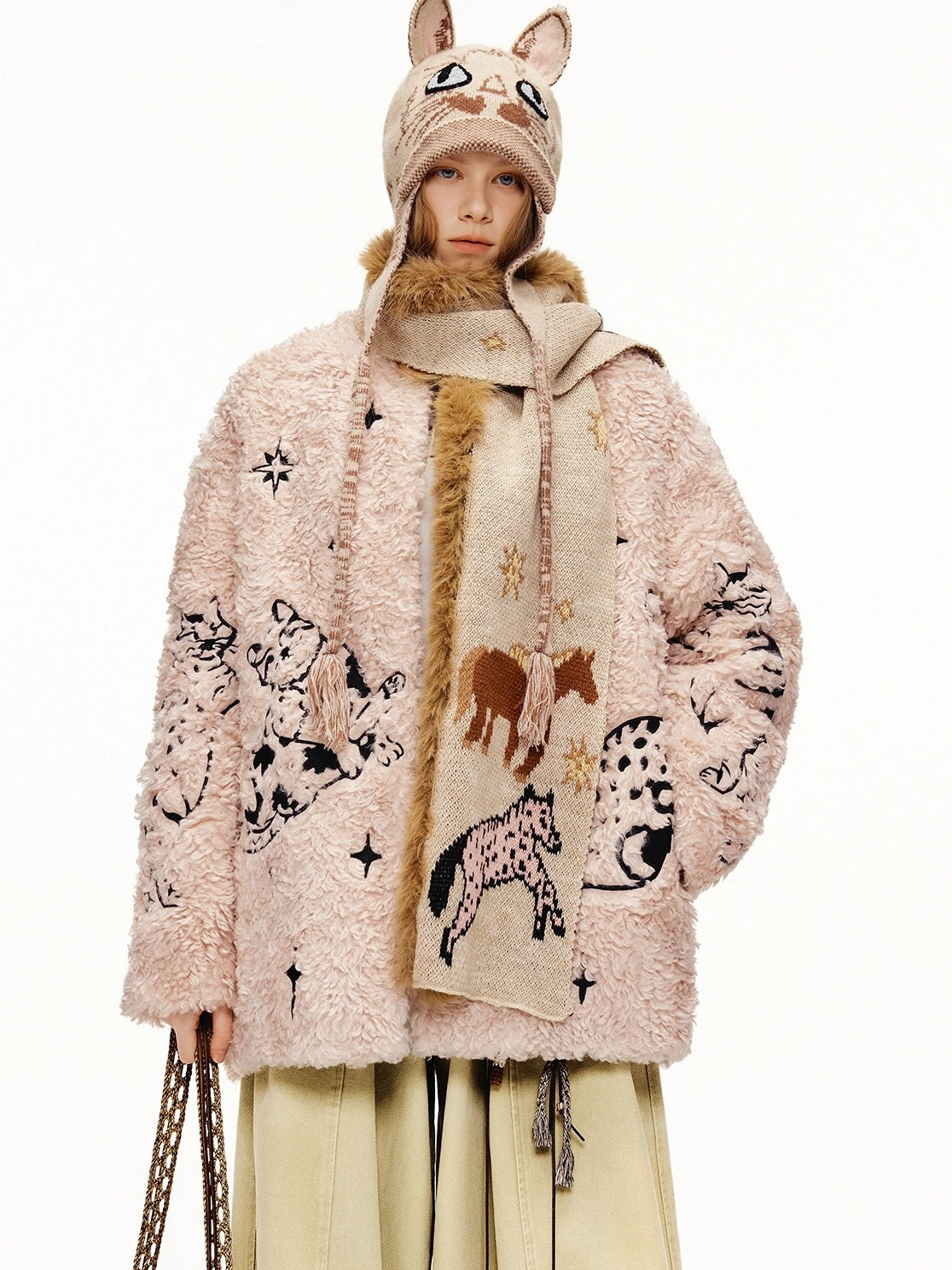 OuttheBlue Thick Cotton Padded Embroidered Sweet Loose Fit Round Neck Dirty Pink Jacket