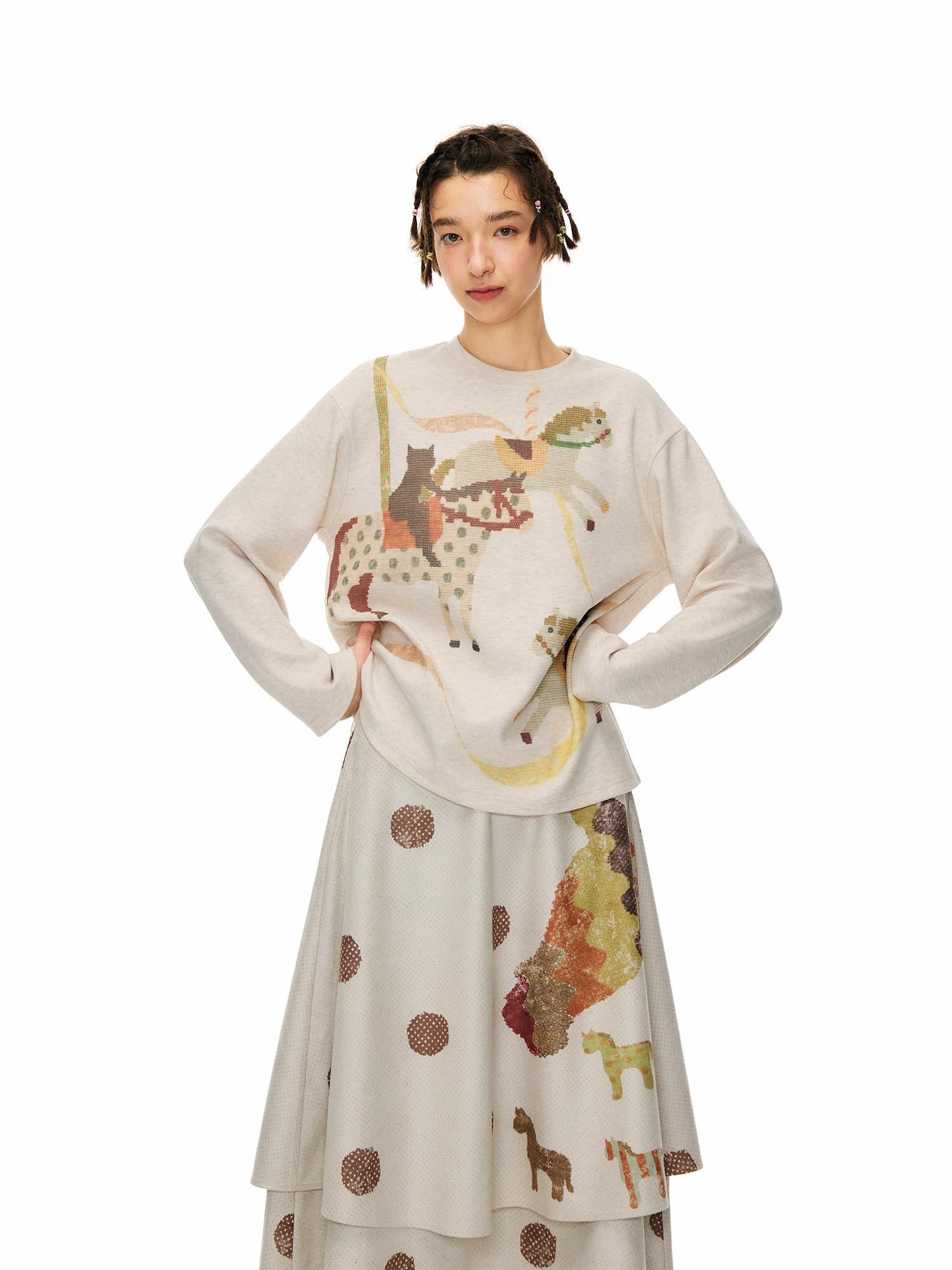 OuttheBlue Thick Printed Oversized Round Neck Women Acrylic Blend Long Sleeve T-Shirts